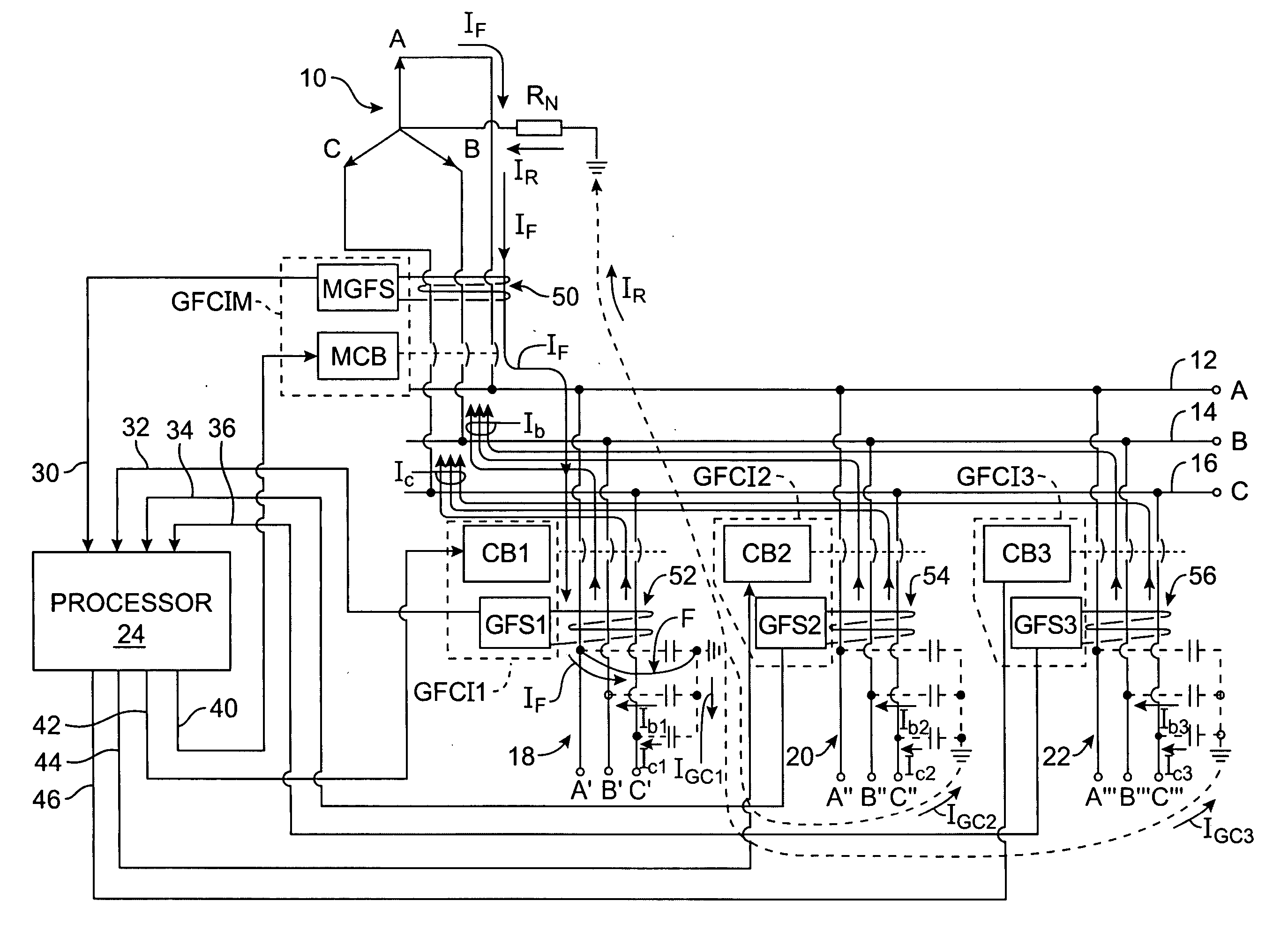 Ground-fault circuit-interrupter system for three-phase electrical power systems