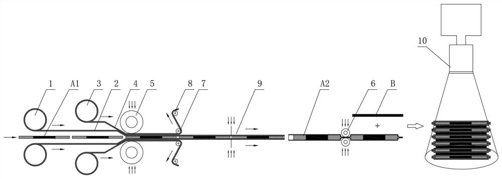 On-line type pole piece bag-making and laminating process and bag-making and laminating production line thereof