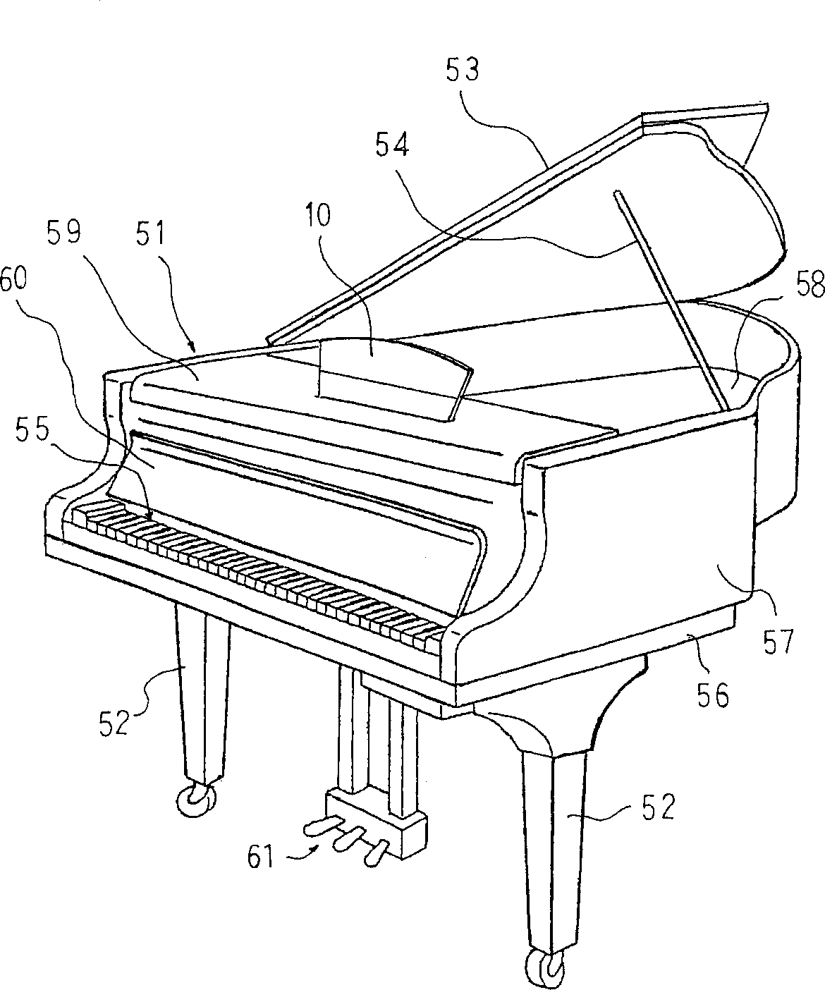 Stepless music stand and misical instrument provided therewith