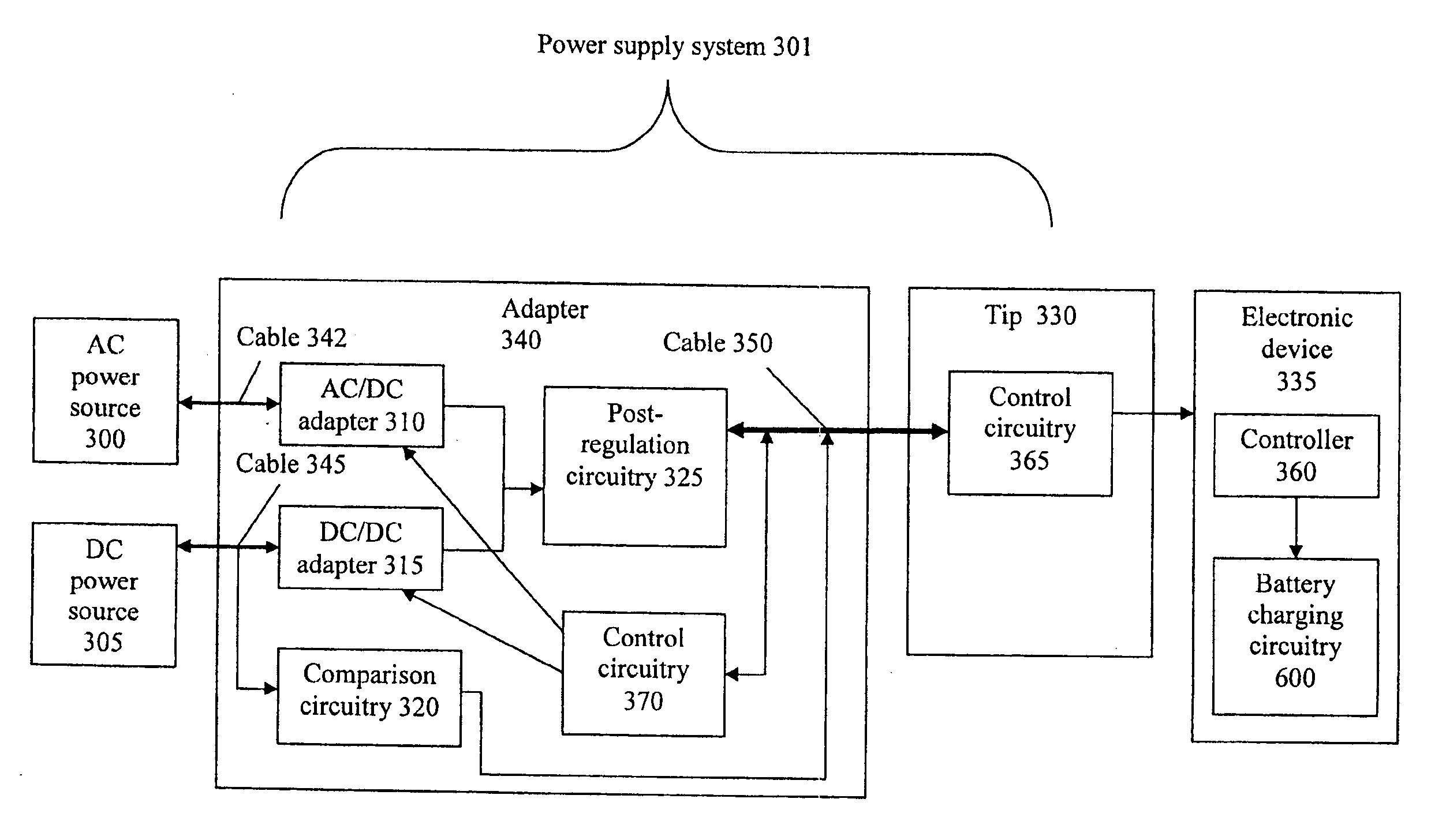 DC power source determination circuitry for use with an adapter