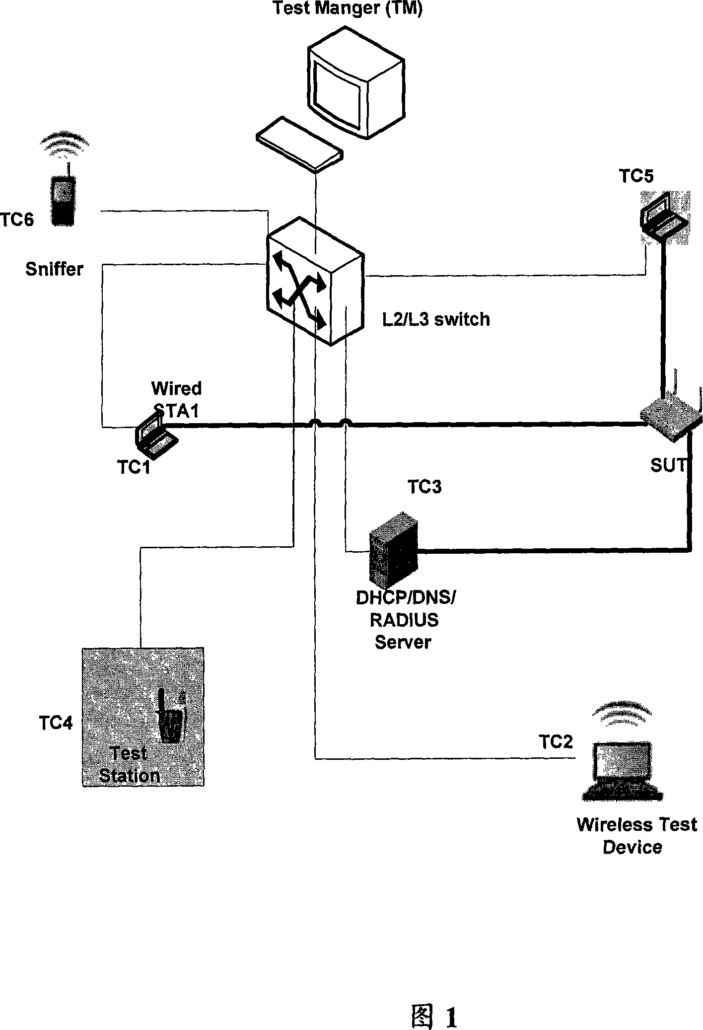 Centralizing automatic testing device and method for testing radio local network