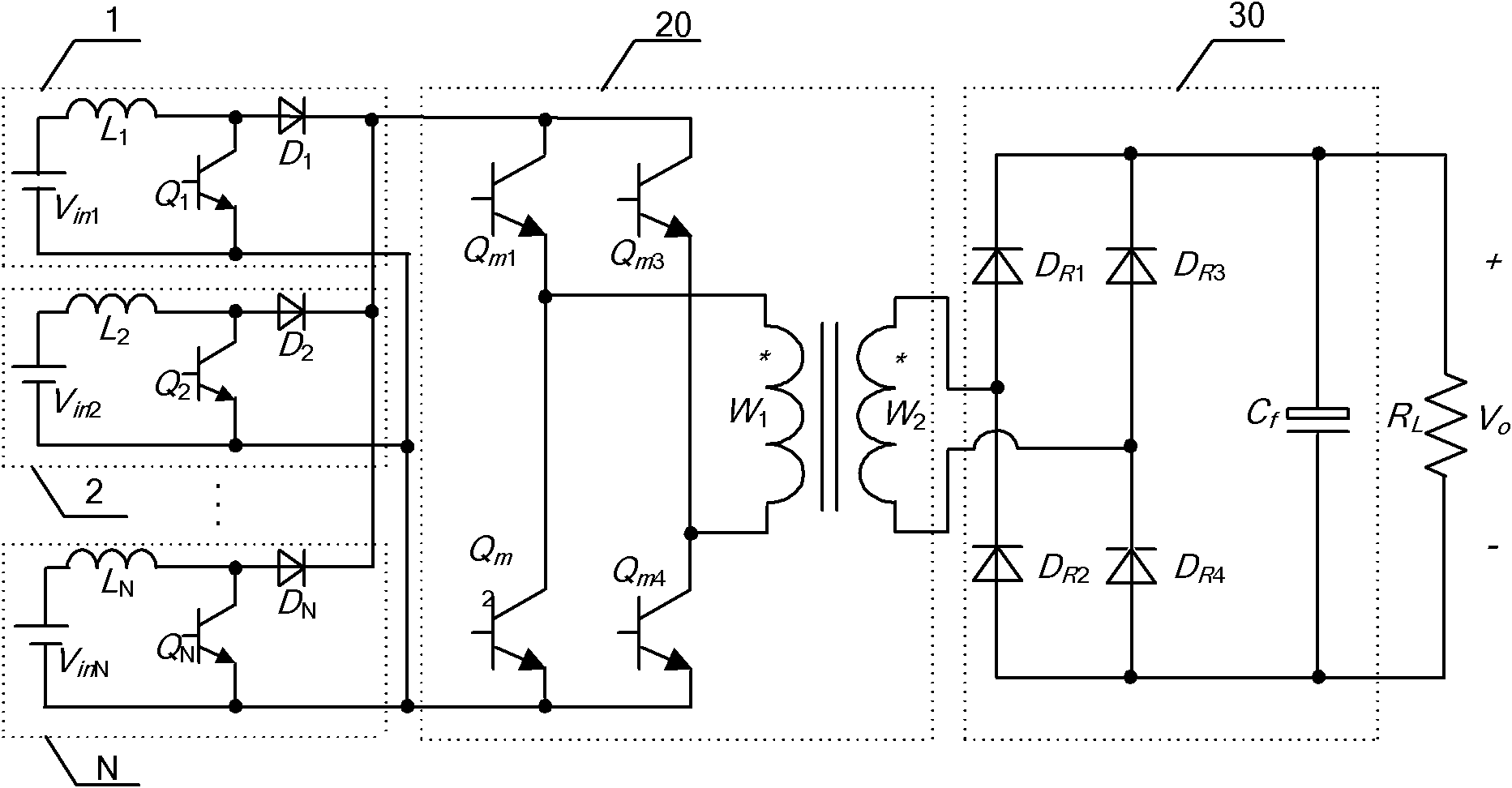 Current-source-type multi-input full-bridge converter with single primary winding