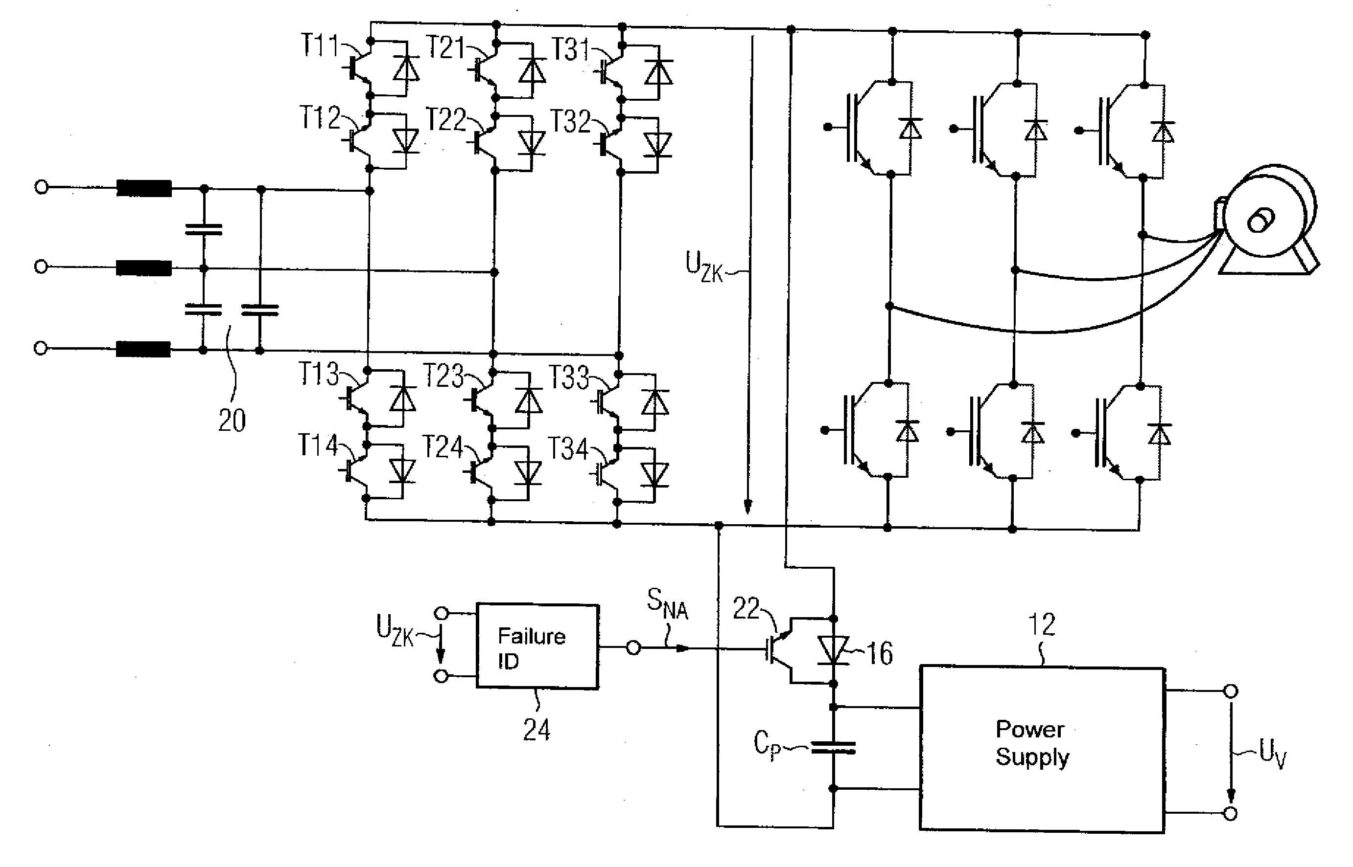 Frequency converter having an intermediate circuit without any capacitors