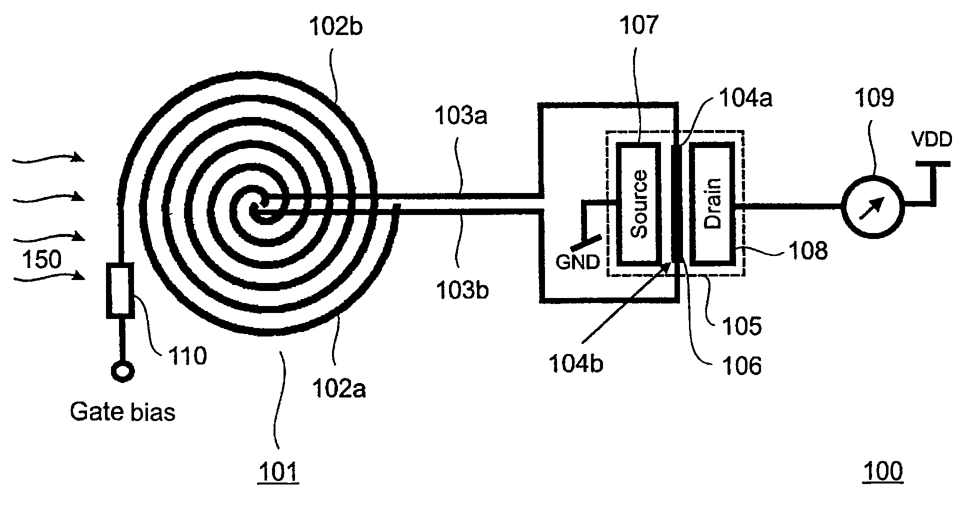 Wide-band antenna coupled spectrometer using CMOS transistor