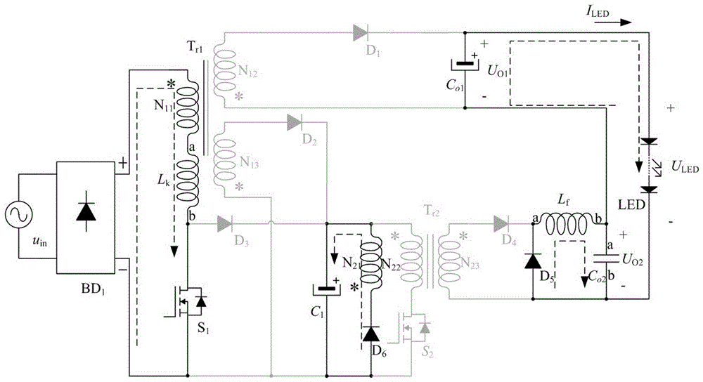 Single-stage low-switch-stress and low-output-ripple LED drive circuit