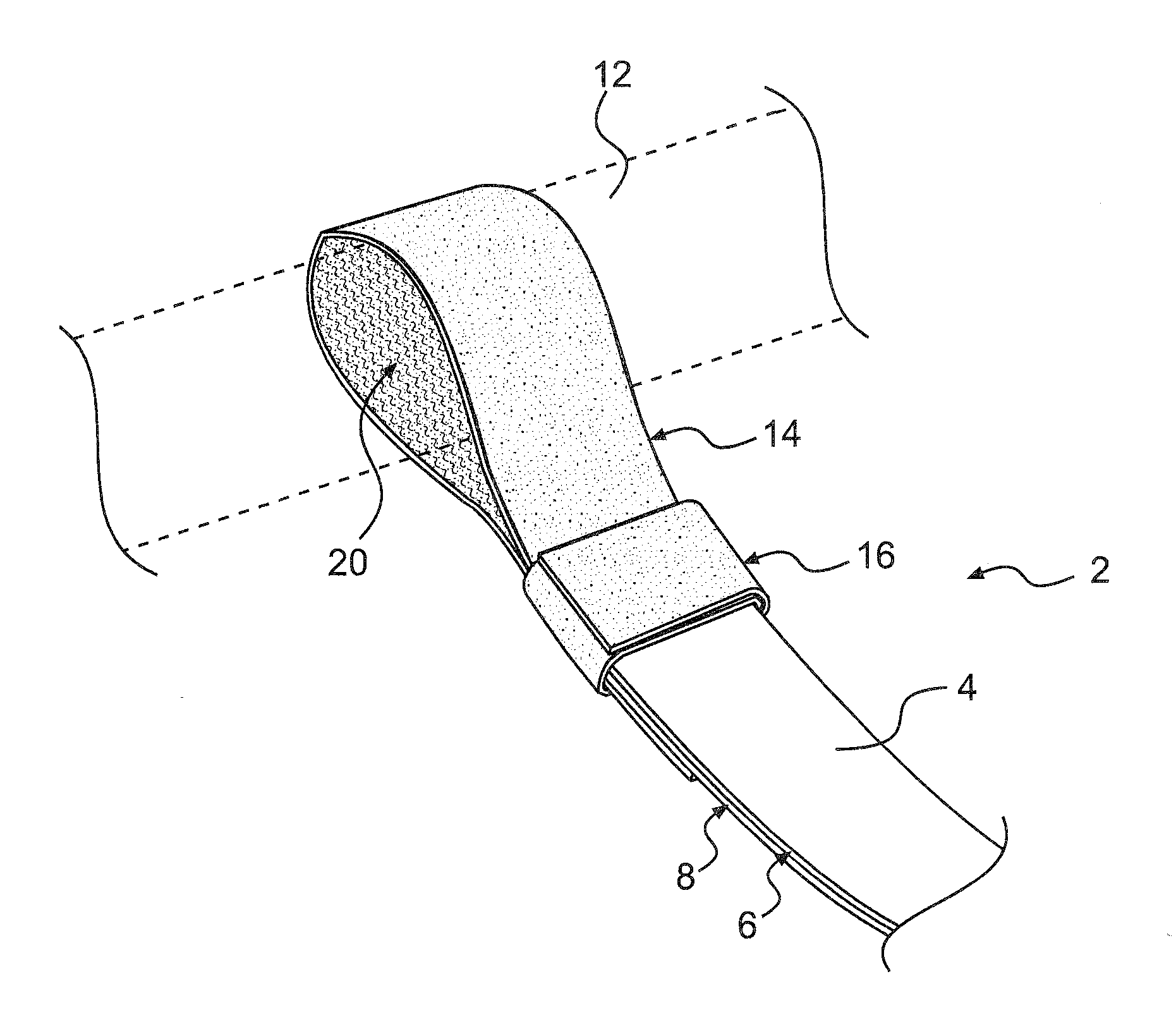 Stretchable, elastic tie-down device with fabric fastening means