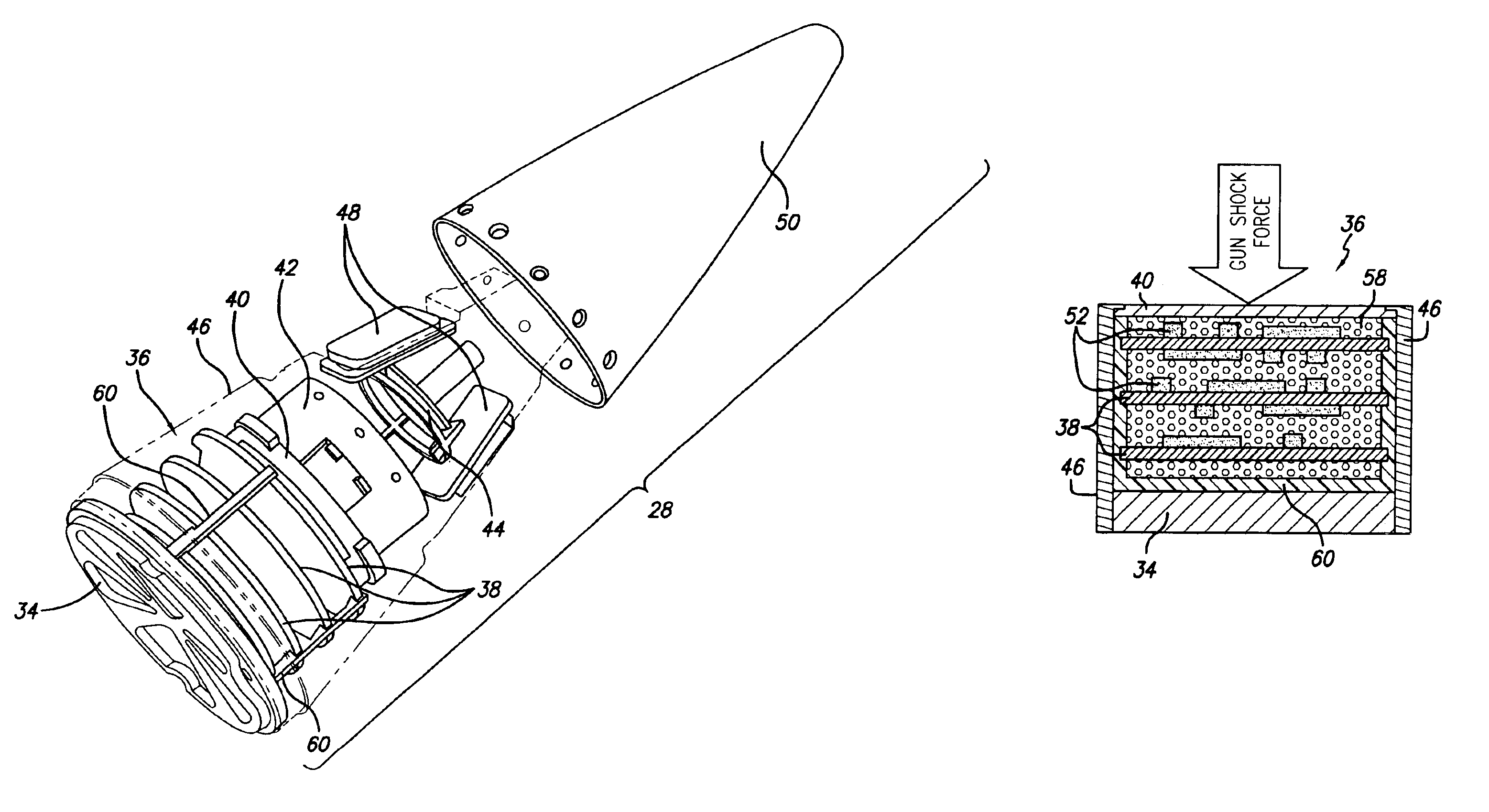 Granular matter filled weapon guidance electronics unit