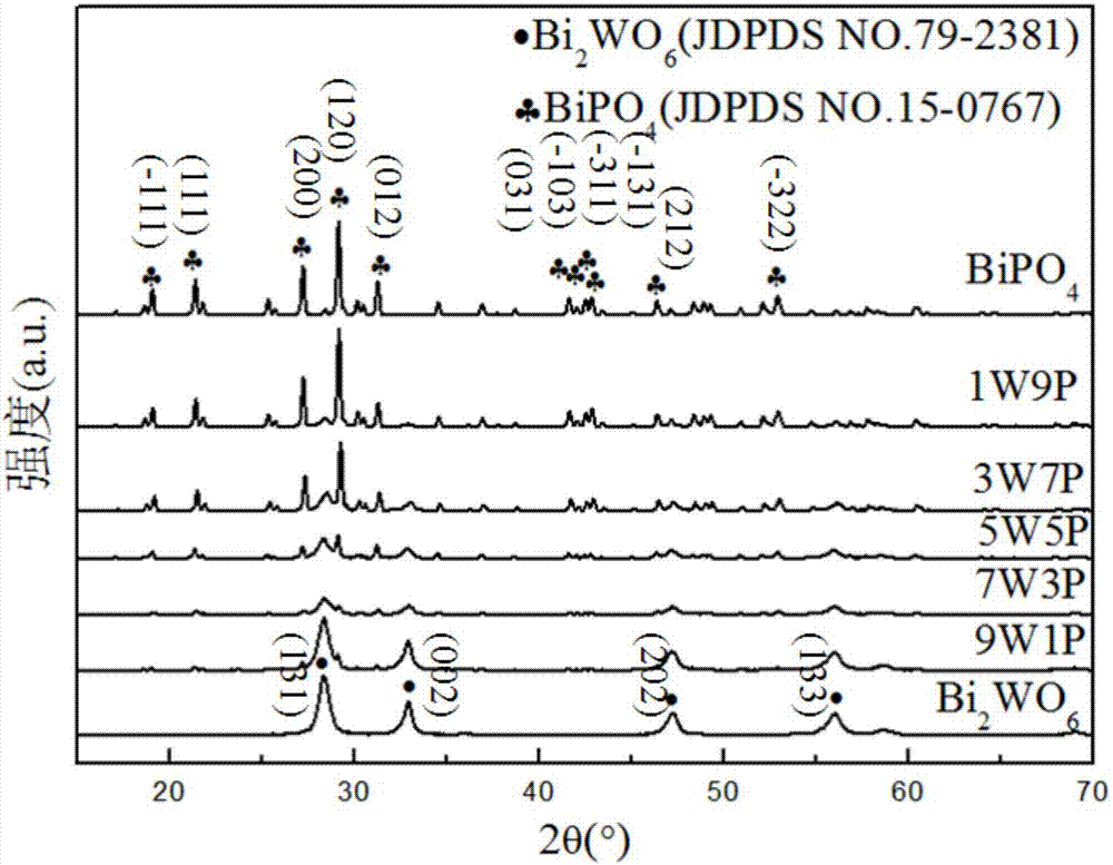 Bismuth tungstate/bismuth phosphate heterojunction photocatalyst and preparation method and application thereof