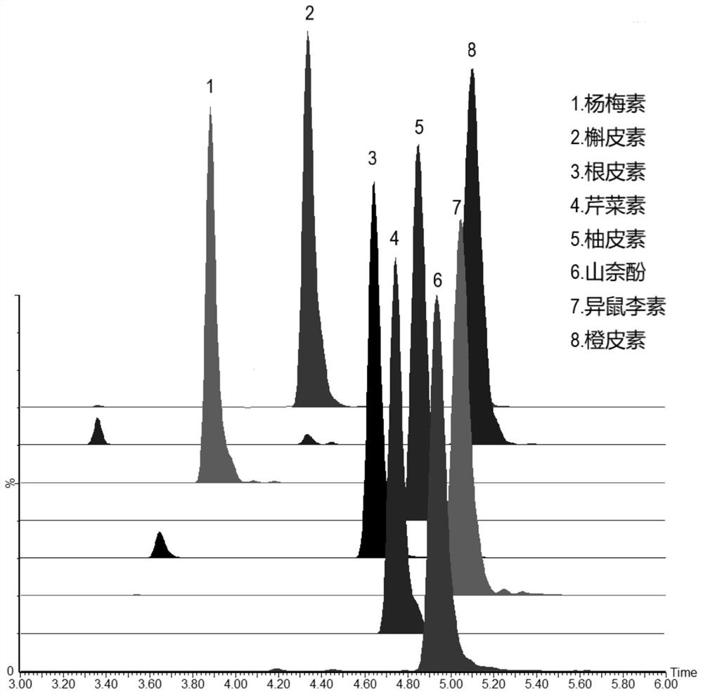 Method for detecting concentrations of eight flavonoid compounds in human urine by UPLC-MS/MS (ultra performance liquid chromatography-mass spectrometry/mass spectrometry) method