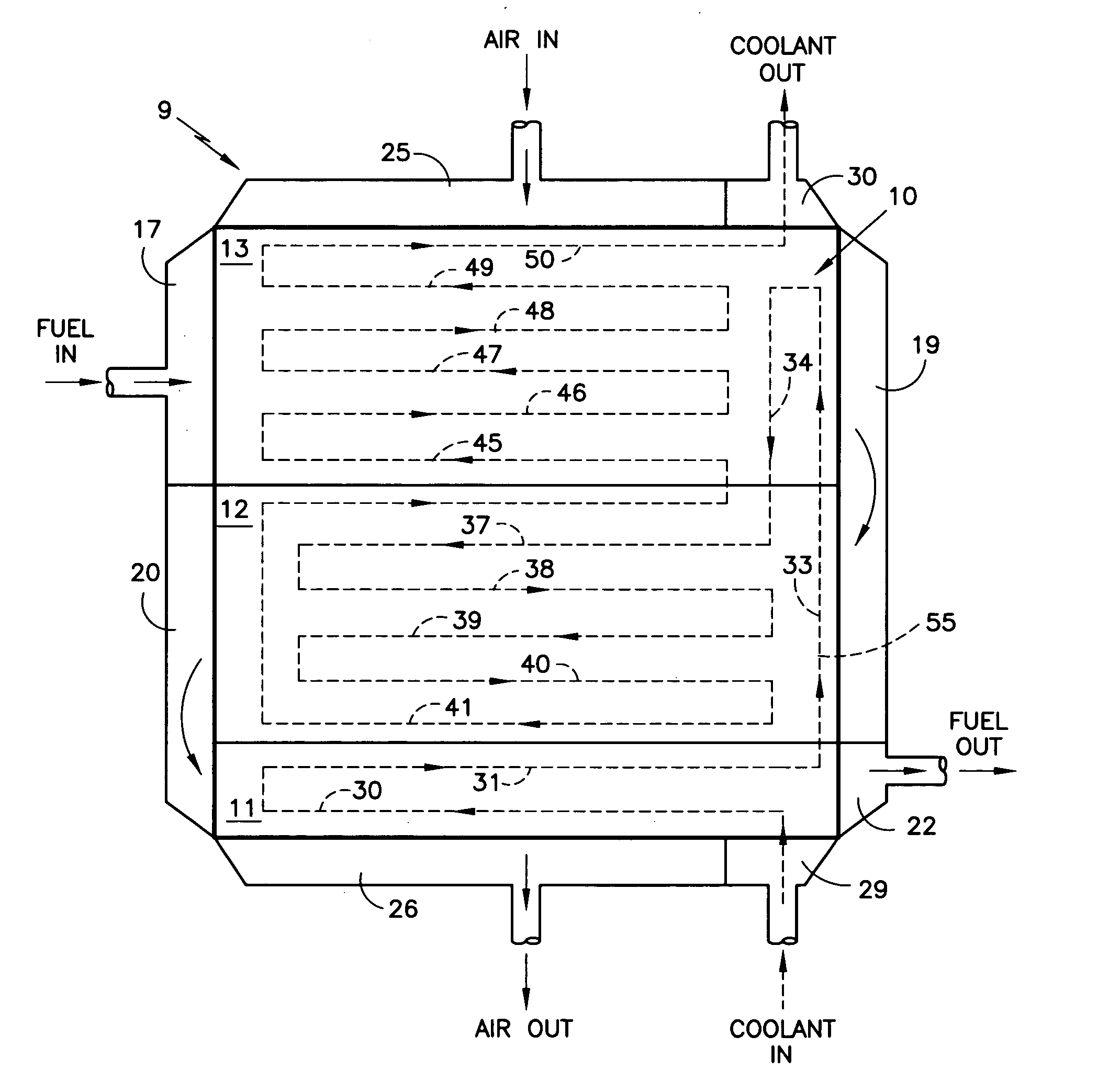 Fuel cell coolers with inverse flow and condensation zone