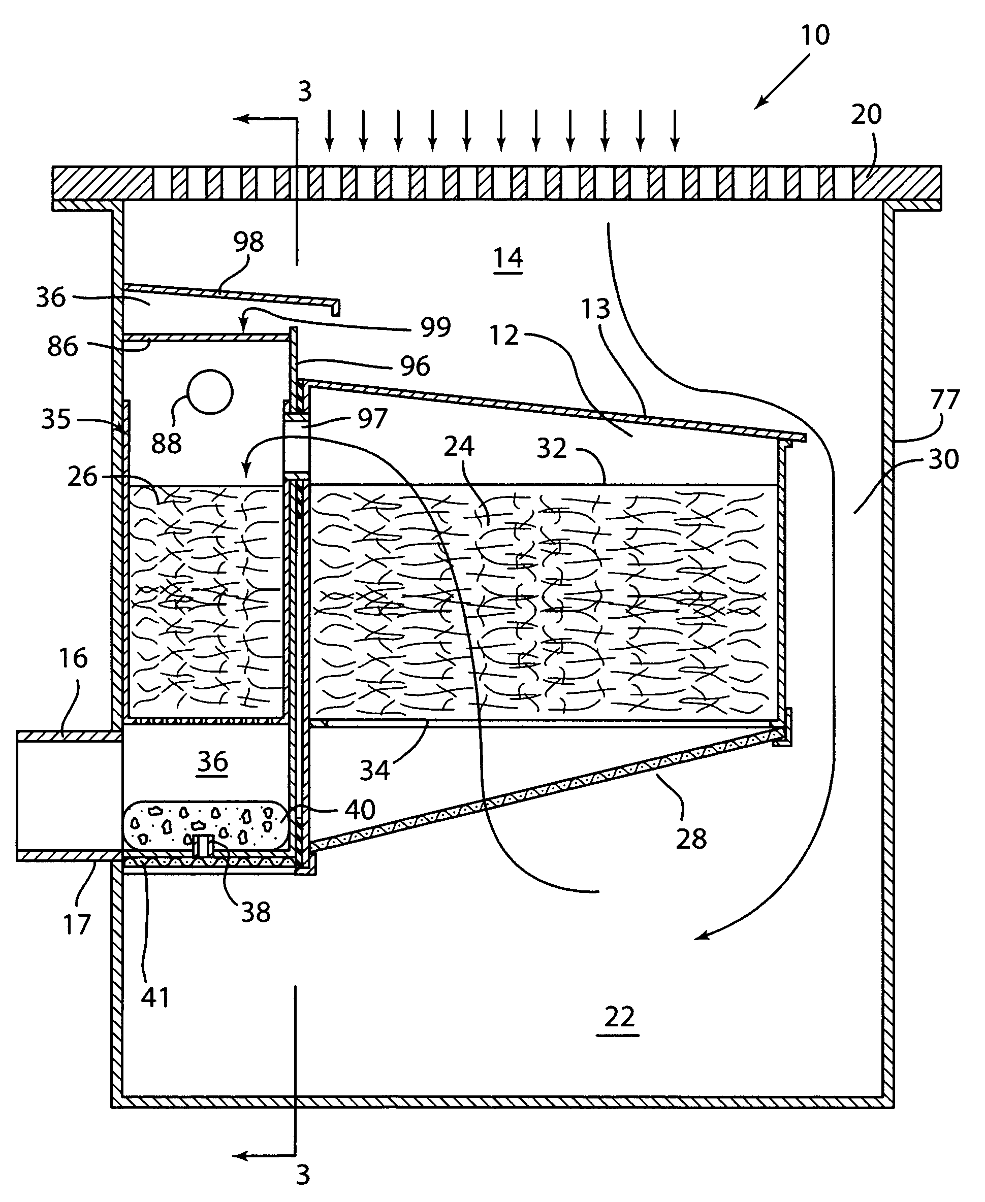 Upflow surface water runoff filtration system