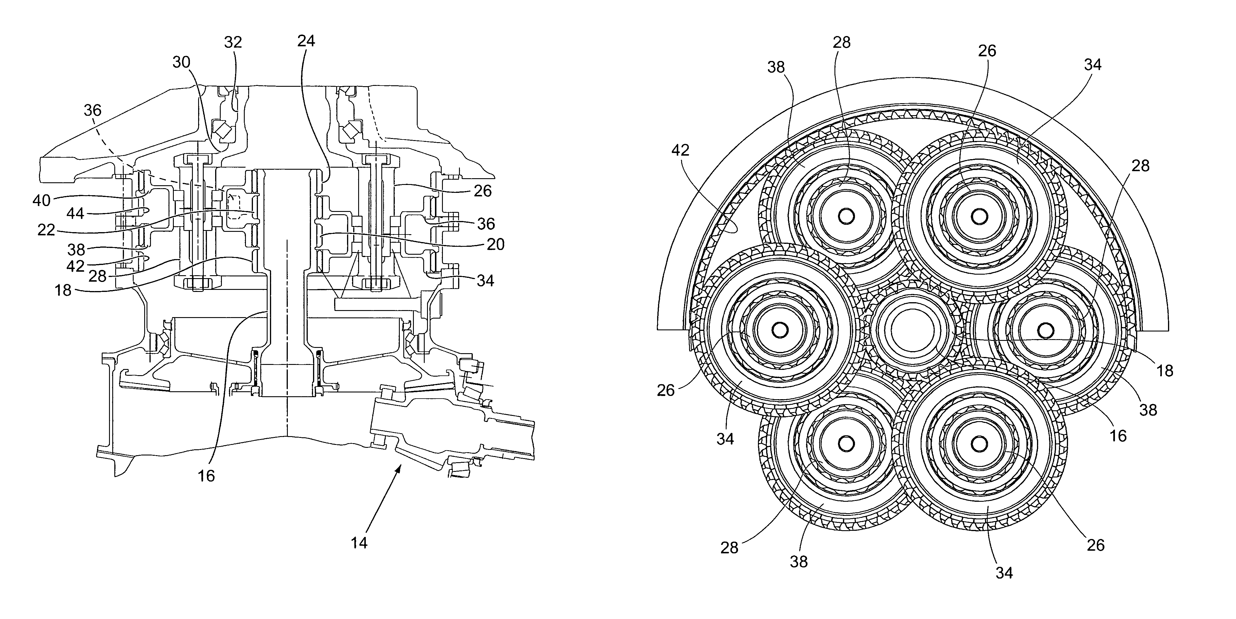 High ratio, reduced size epicyclic gear transmission for rotary wing aircraft with improved safety and noise reduction