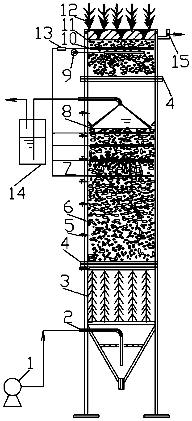 Continuous flow wetland type microbial fuel cell reactor sewage treatment device