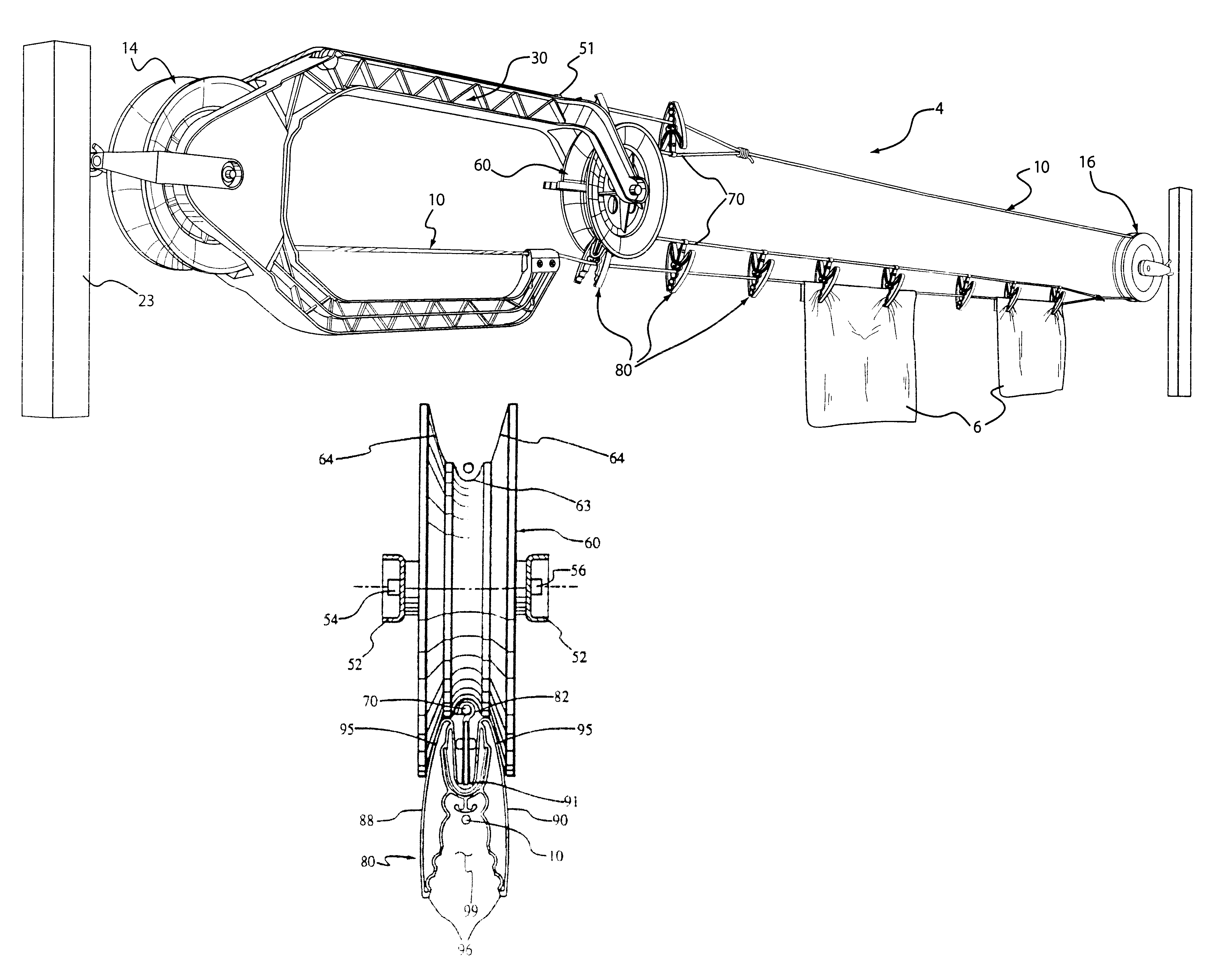 Clothesline system with a support system and improved clothespins