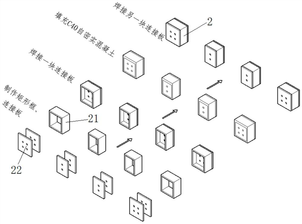 Fabricated composite wall based on steel pipes and construction method thereof