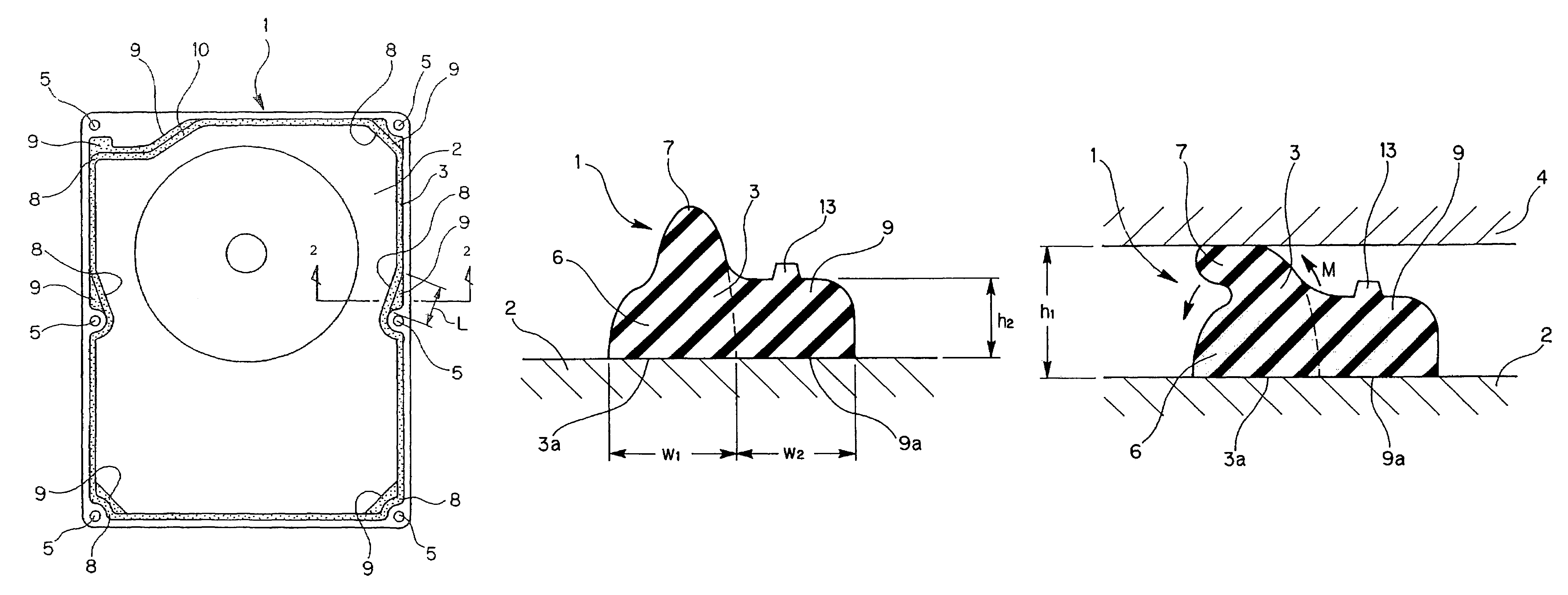 Gasket for hard disc drive having compressible lip and extension portion at screw fixing/inflection portions