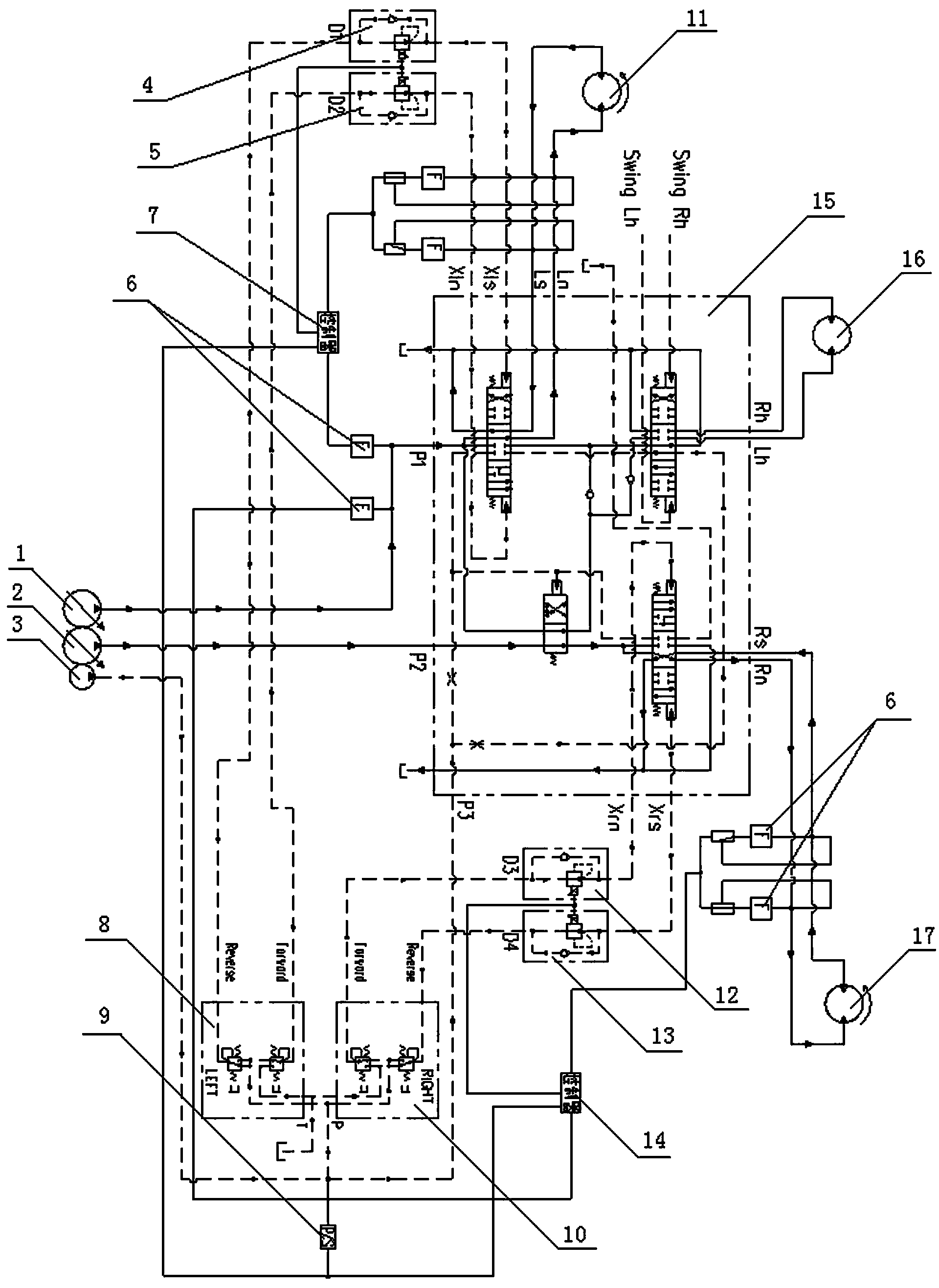 Device for improving linear running performance of excavator during compound action