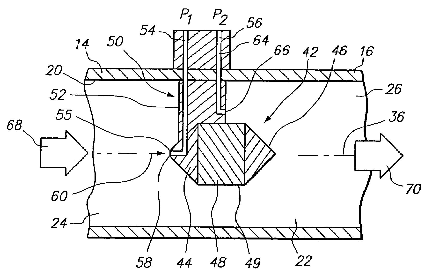 Fluid flow meter with a body having upstream and downstream conical portions and an intermediate cylindrical portion