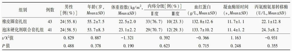 Treatment method for treating internal hemorrhoids through combination of foam hardening agent and loop ligature