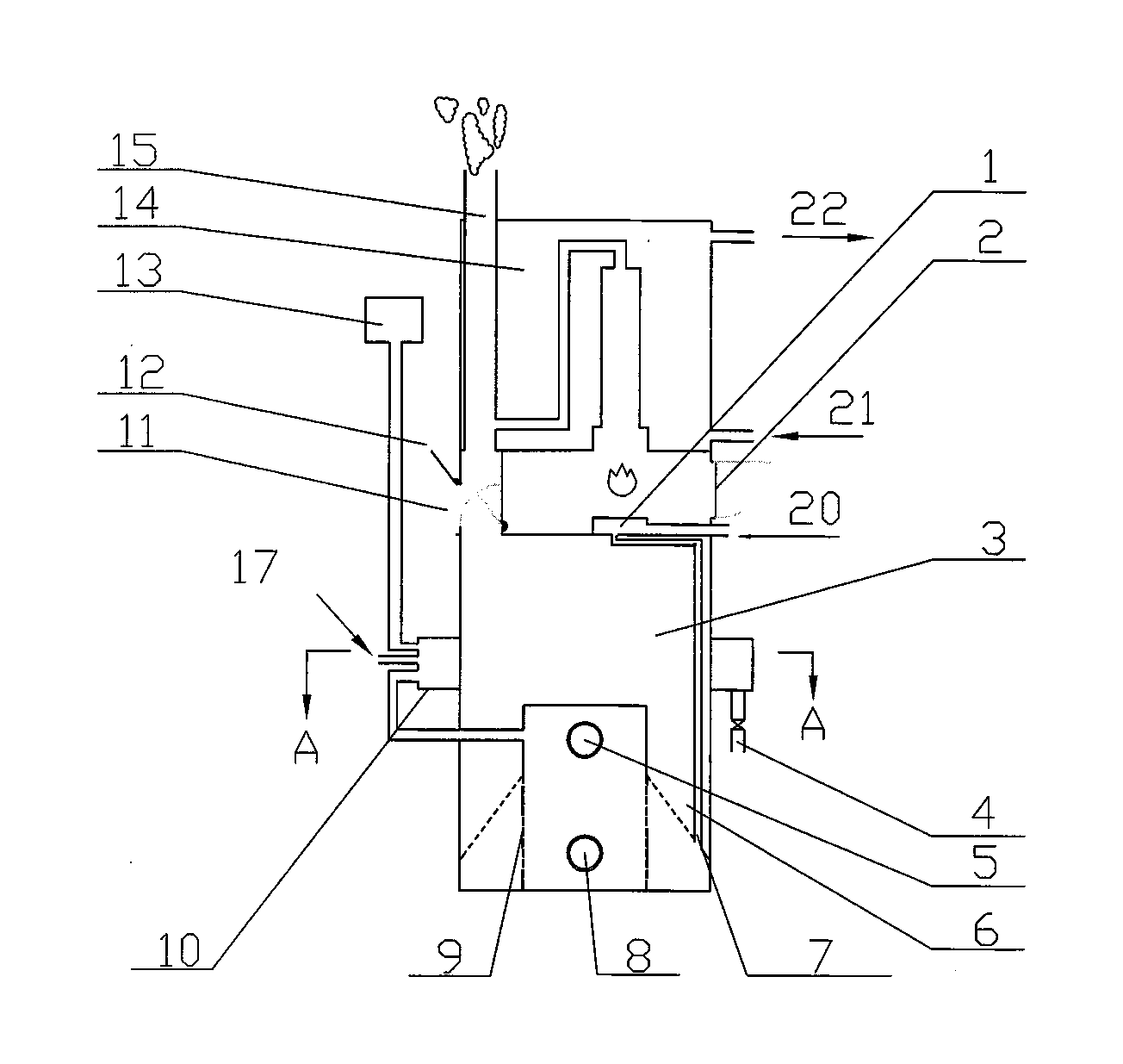 Air and steam gasification downdraft gasified combustion boiler with catalyst internally arranged