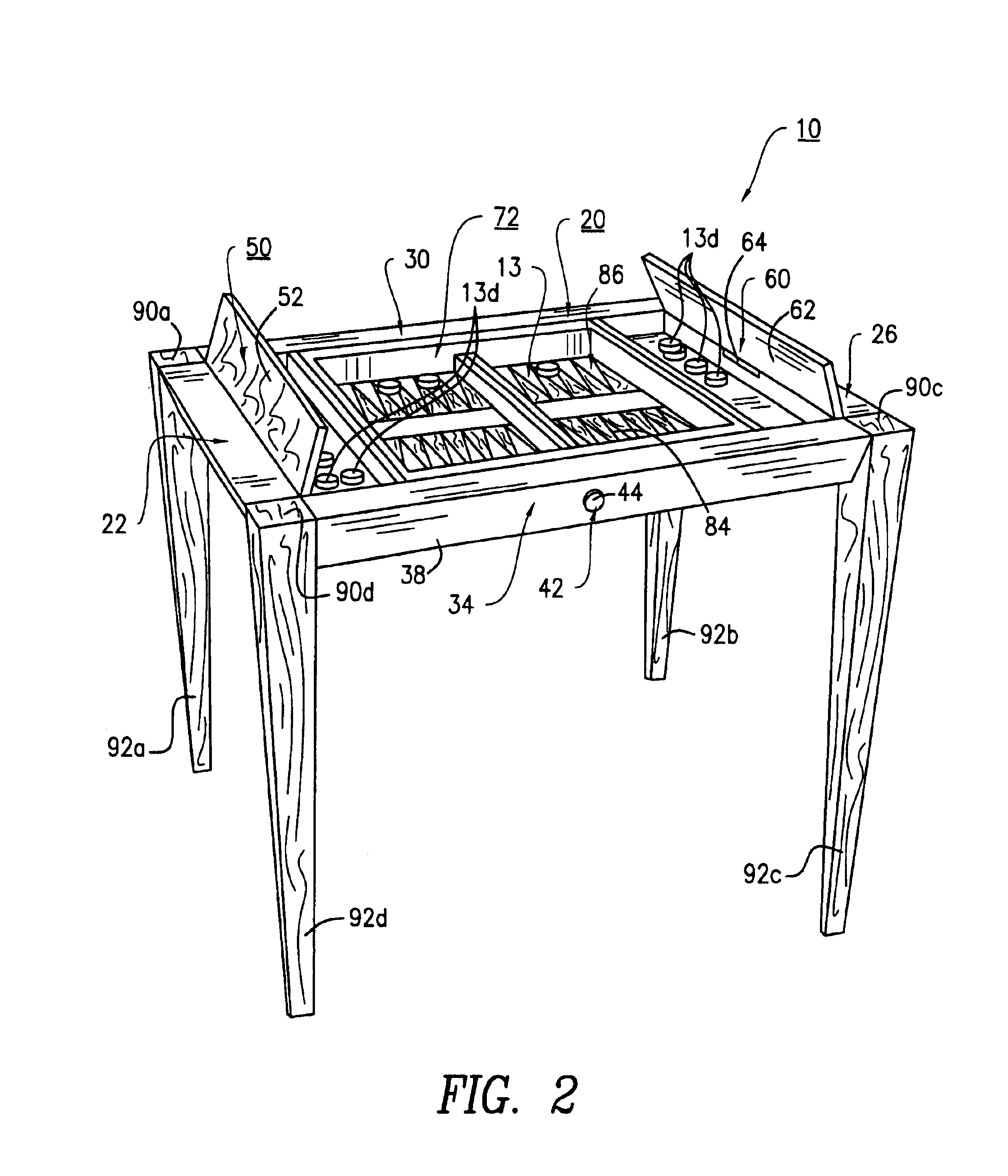 Game table having a pivoting table section for chess and backgammon and having storage compartments therein