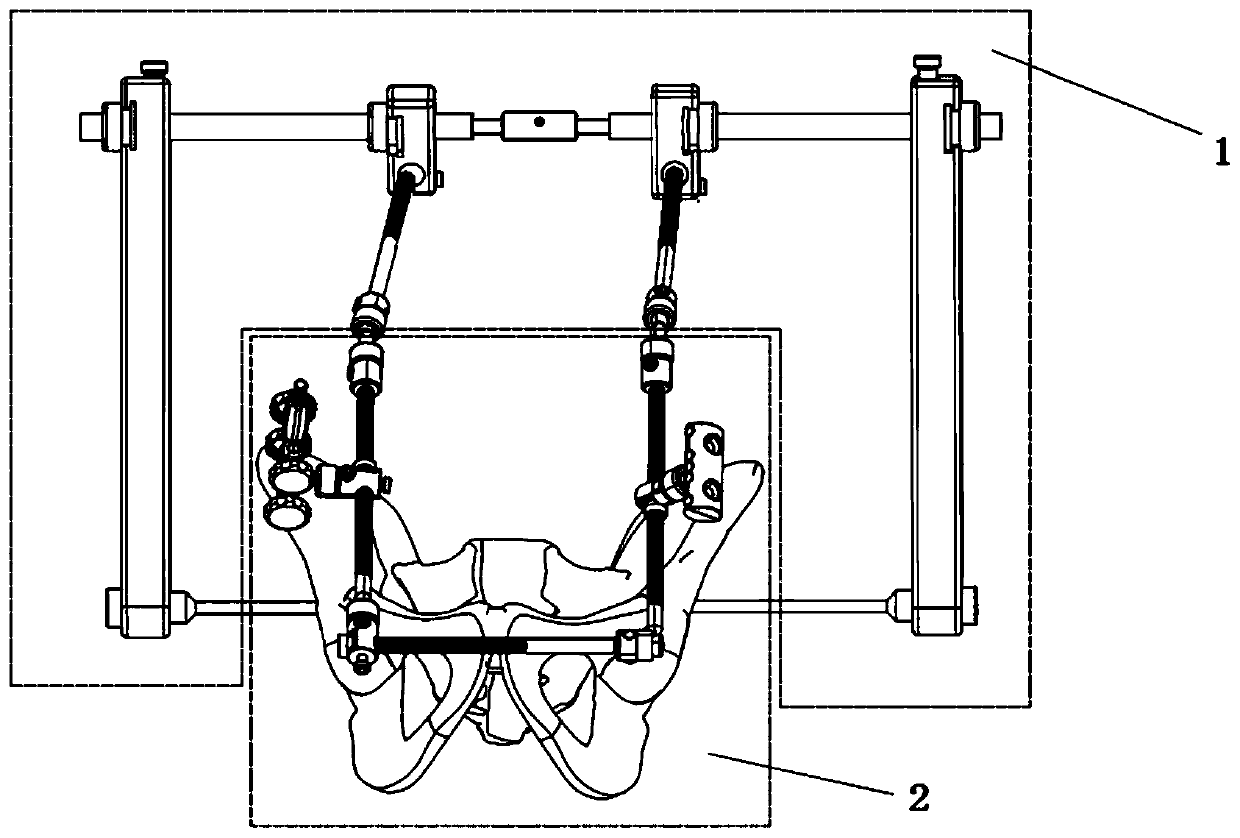 Integral external fixator for anterior and posterior pelvic rings