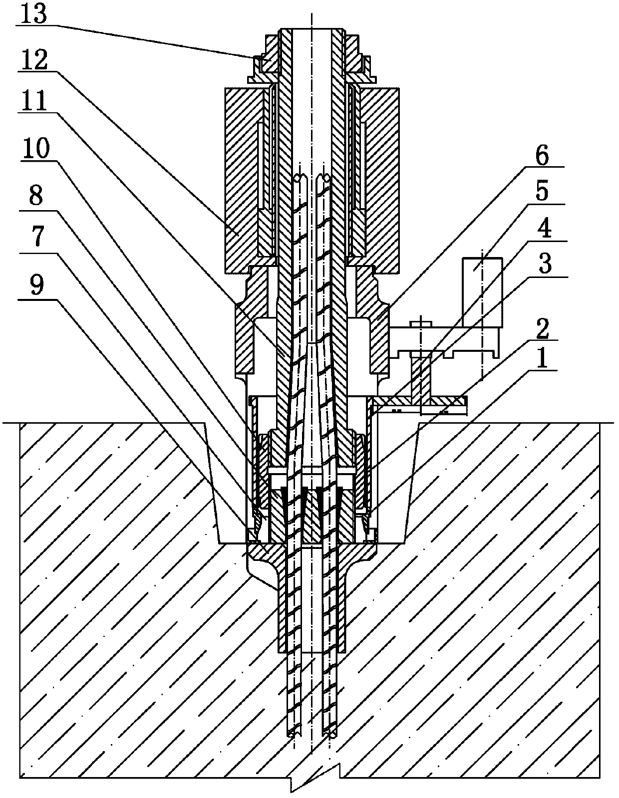 Low-retracting secondary stretch-draw anchorage supporting nut screwing device