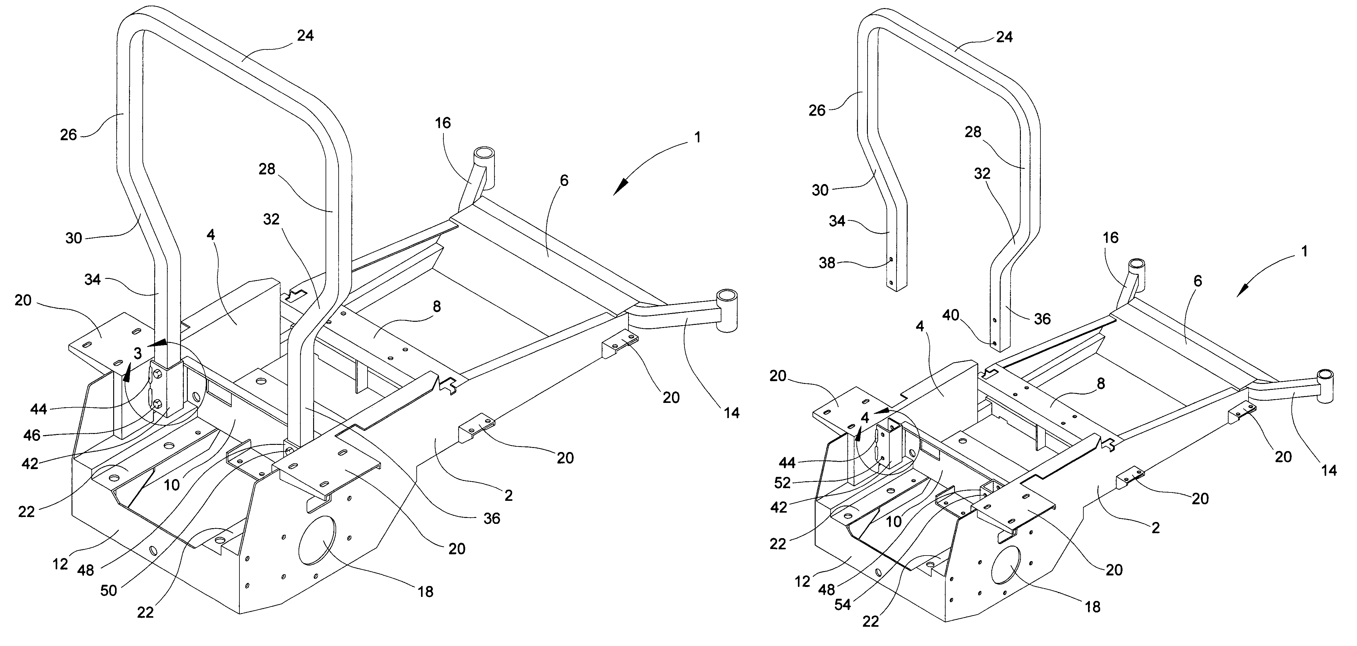 Ride-on turf mowing machine rollover protection assembly