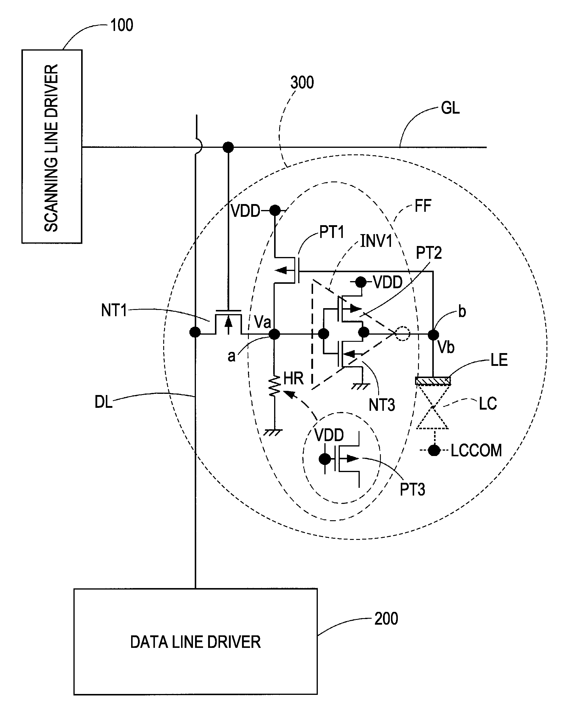 Pixel circuit having flip-flop with inverter and feedback transistor, electro-optical device having said pixel circuit, and electronic apparatus having said electro-optical device