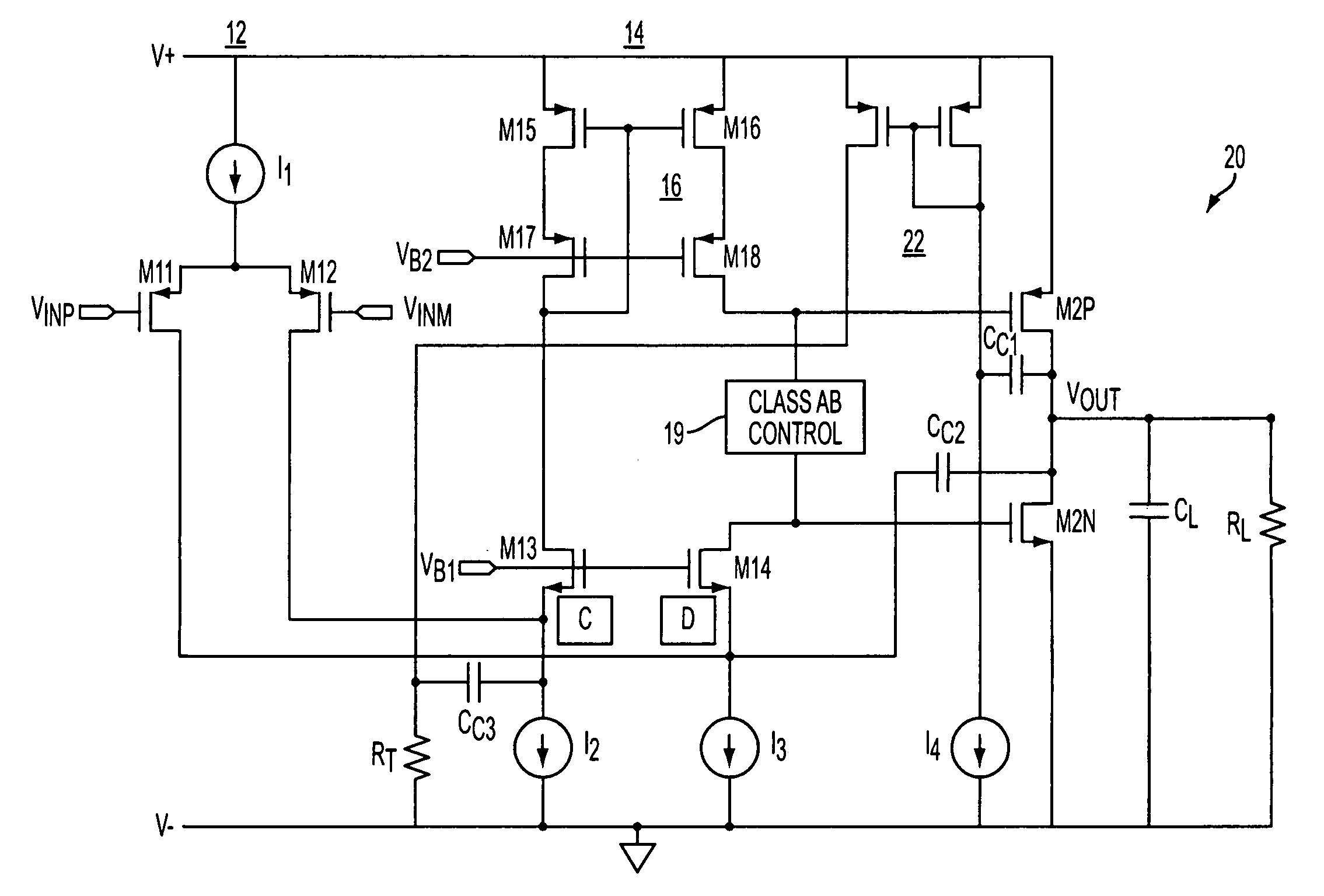 Class AB folded-cascode amplifier having cascode compensation