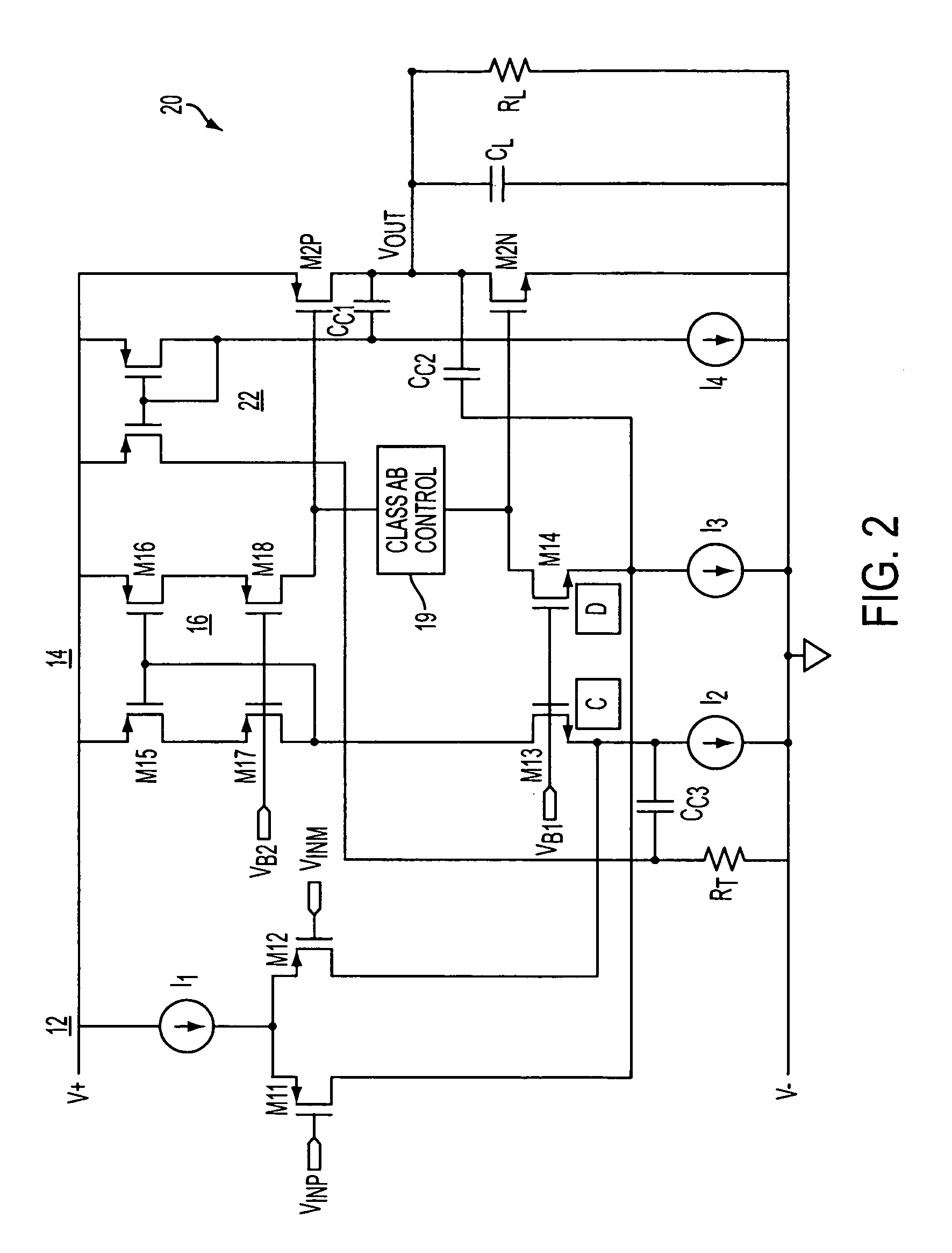 Class AB folded-cascode amplifier having cascode compensation