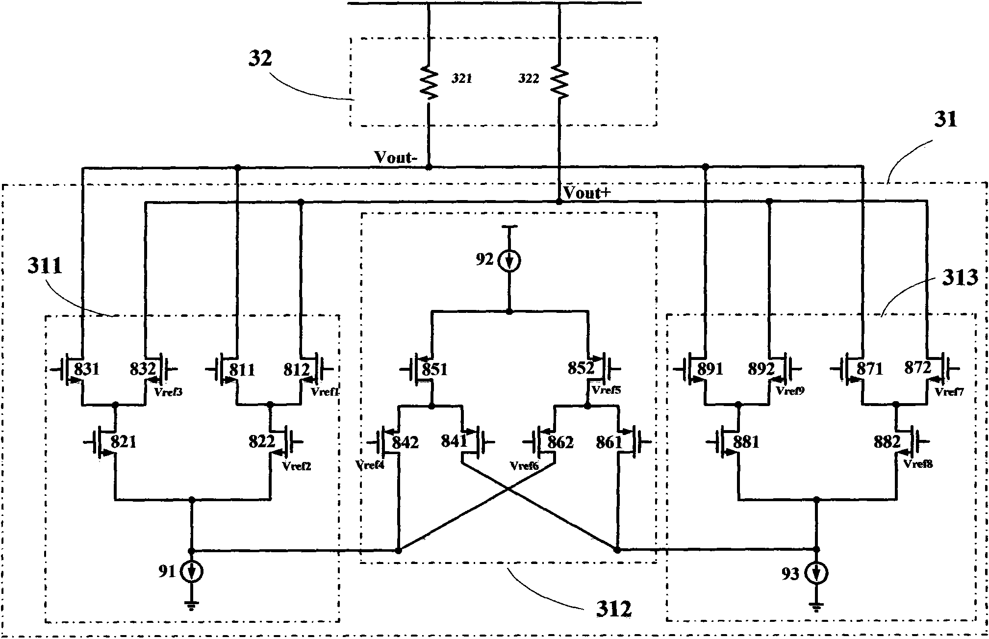 Folding device and folding and interpolating A/D converter