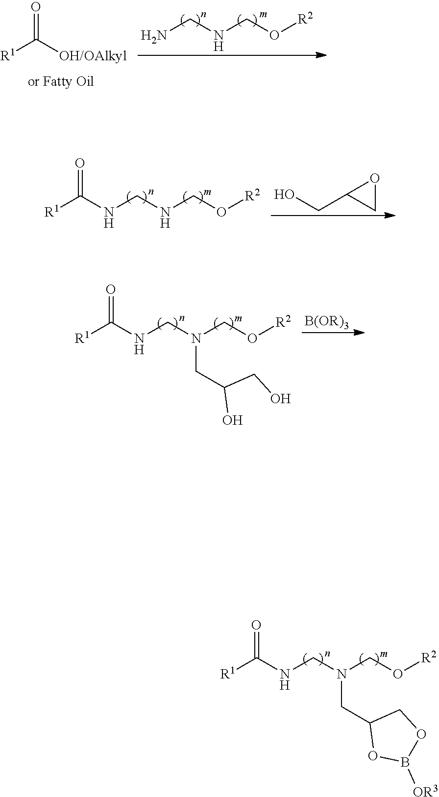 Less corrosive organoboron compounds as lubricant additives