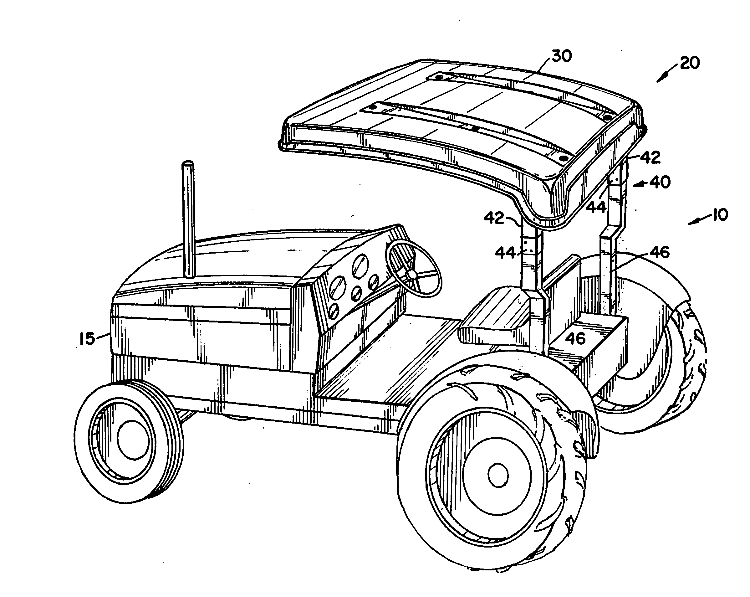 Tractor, a canopy assembly, and a method for attaching a canopy assembly to a tractor