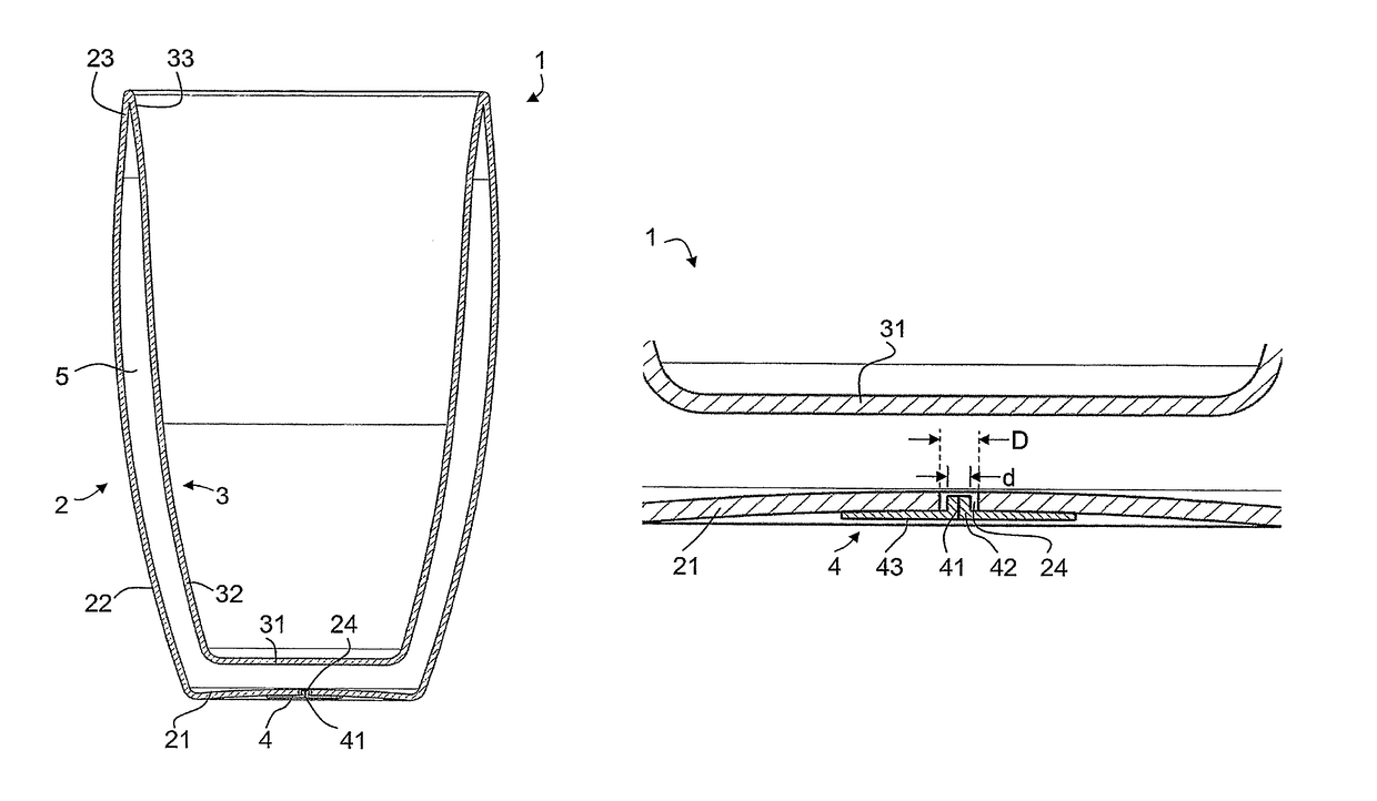 Double-walled vessel having pressure equalization opening