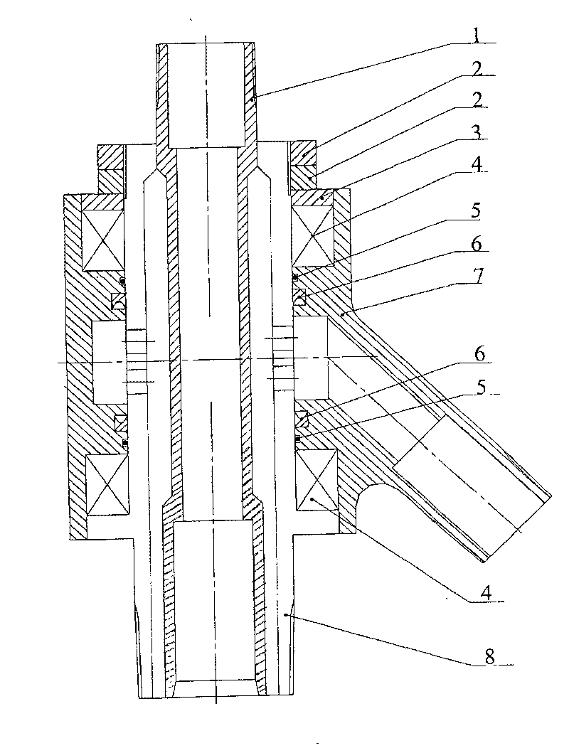 Inverse circular sand washing adapter connector in rotary type of twin pipe