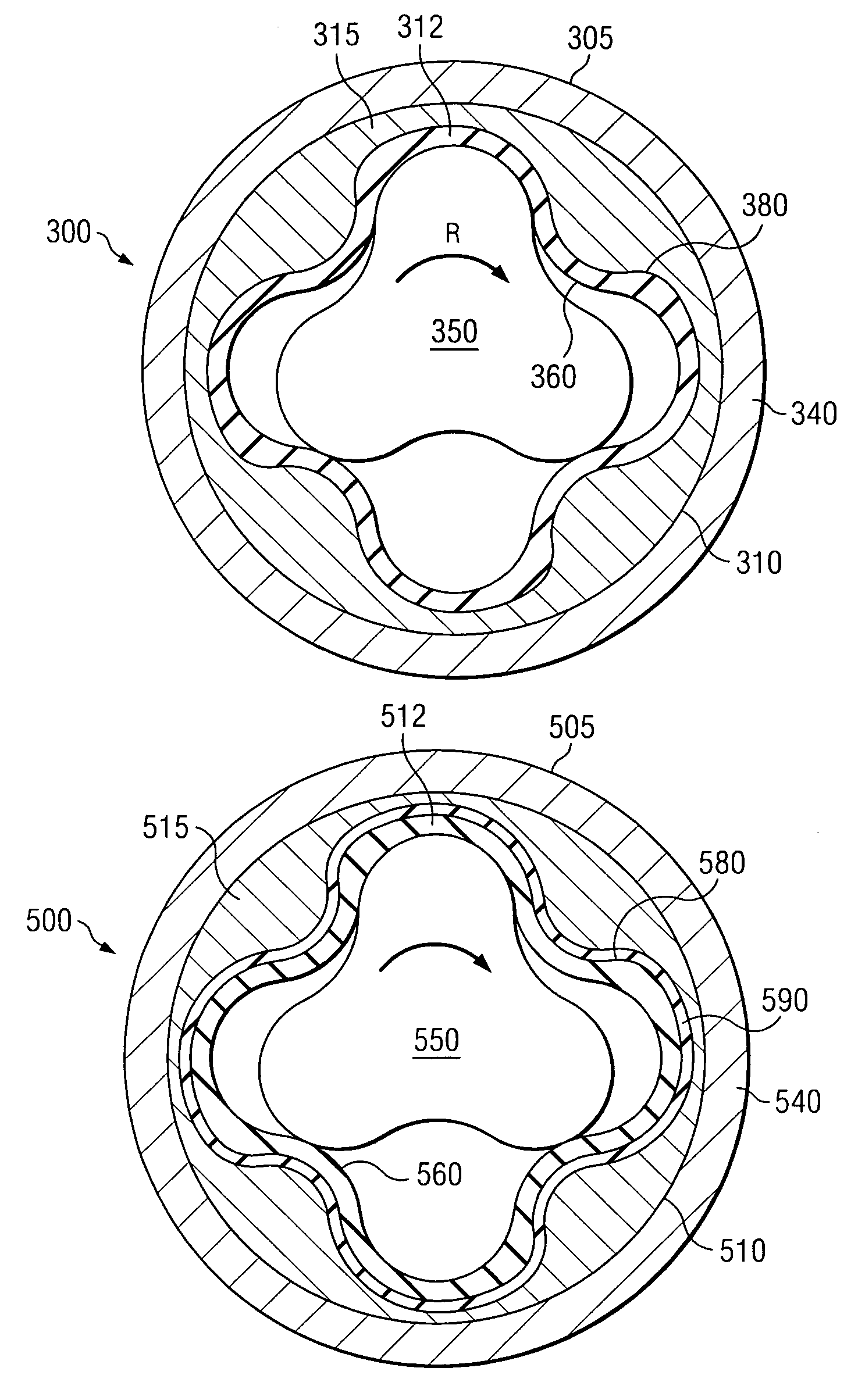 Asymmetric contouring of elastomer liner on lobes in a Moineau style power section stator