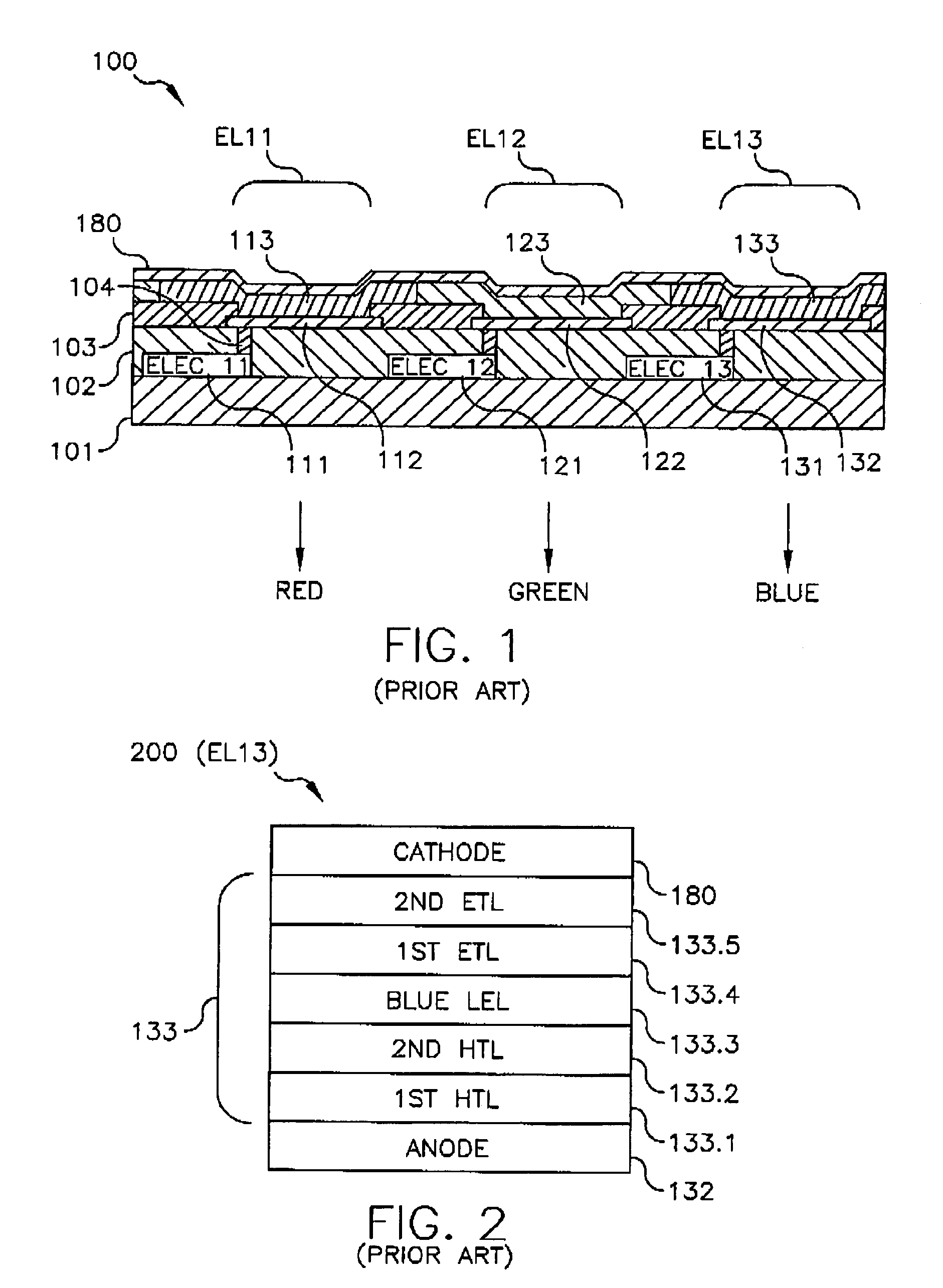 Full-color organic display having improved blue emission