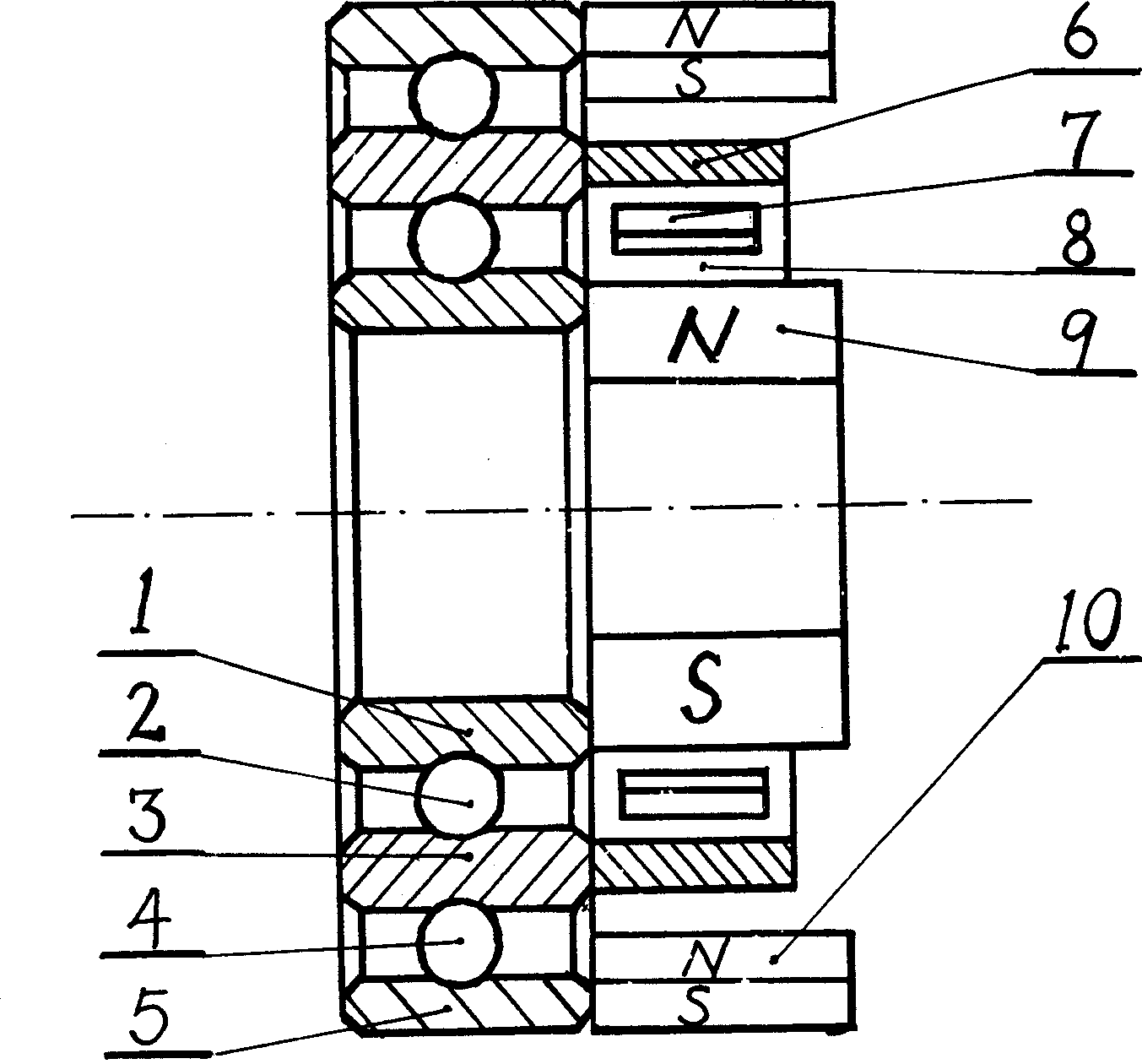 Secondary bearing with electromagnetic speed regulation in interelectrode