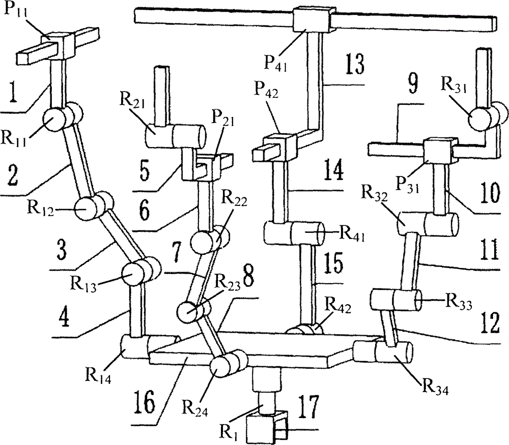 Two-movement-three-rotation complete decoupling and series-parallel linking robot mechanism