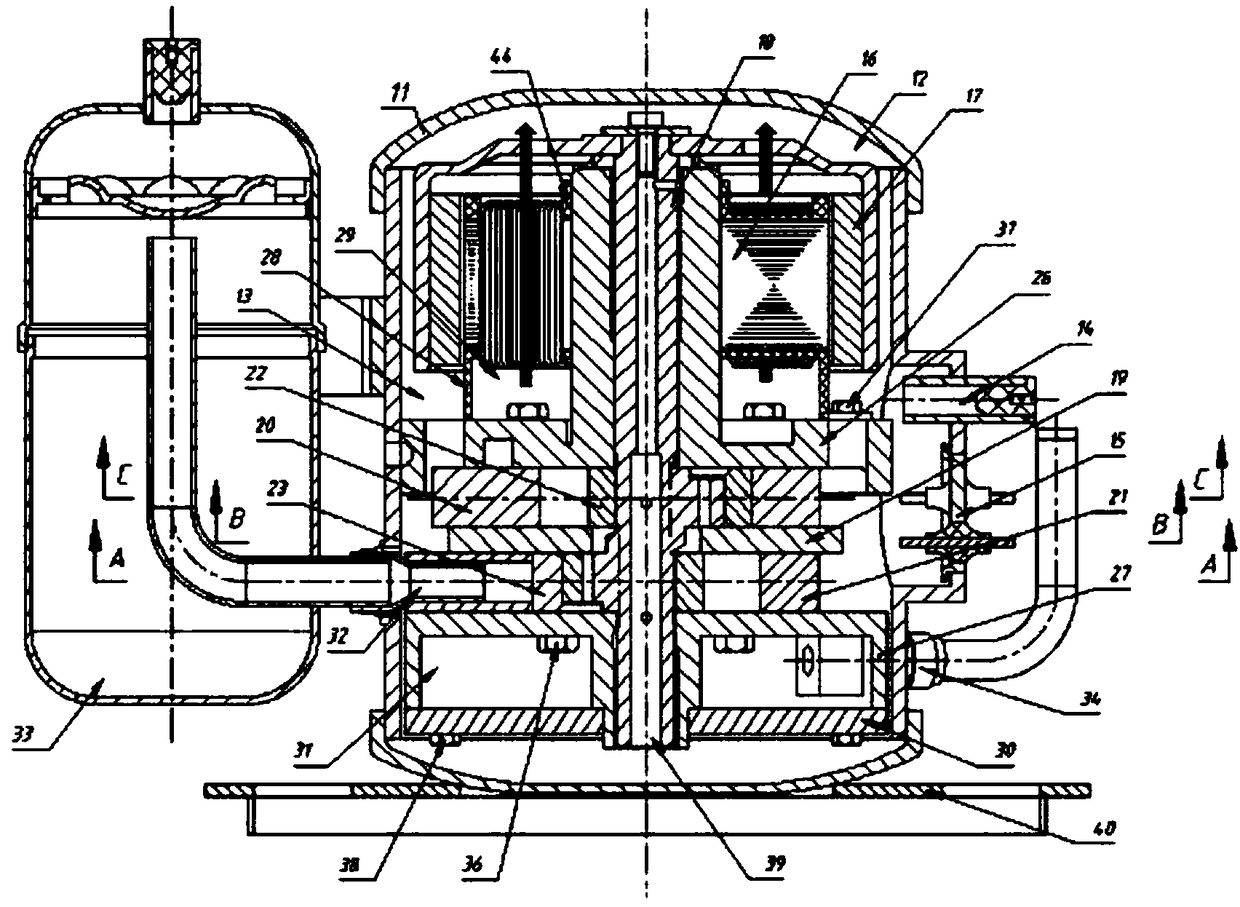 Vertical two-stage rotary compressor for refrigerator and working method thereof