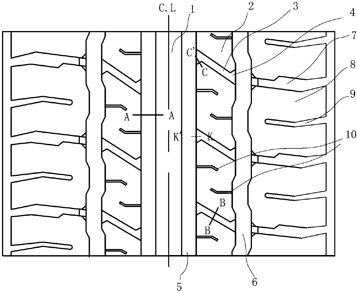 Stone-clamping preventing tyre