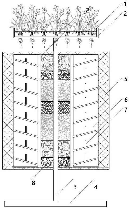 Artificial floating island suitable for bottom surface of hard riverway and preparation method thereof