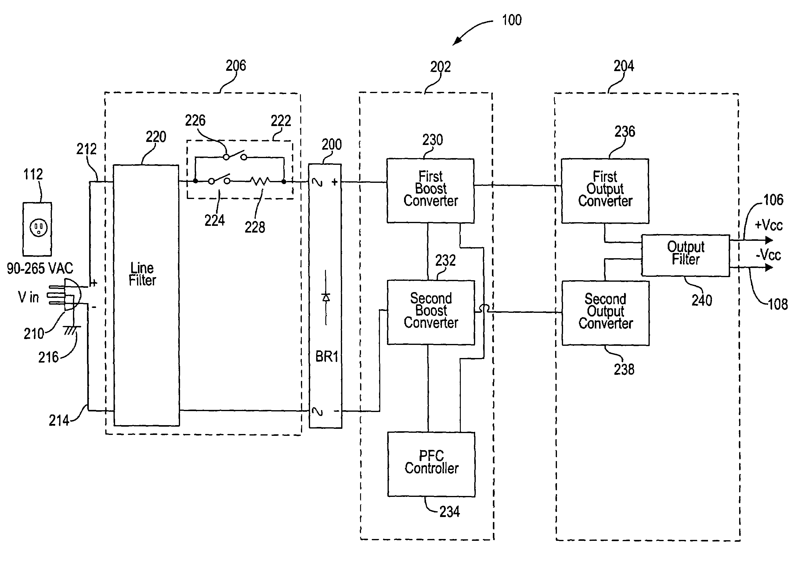 Series interleaved boost converter power factor correcting power supply