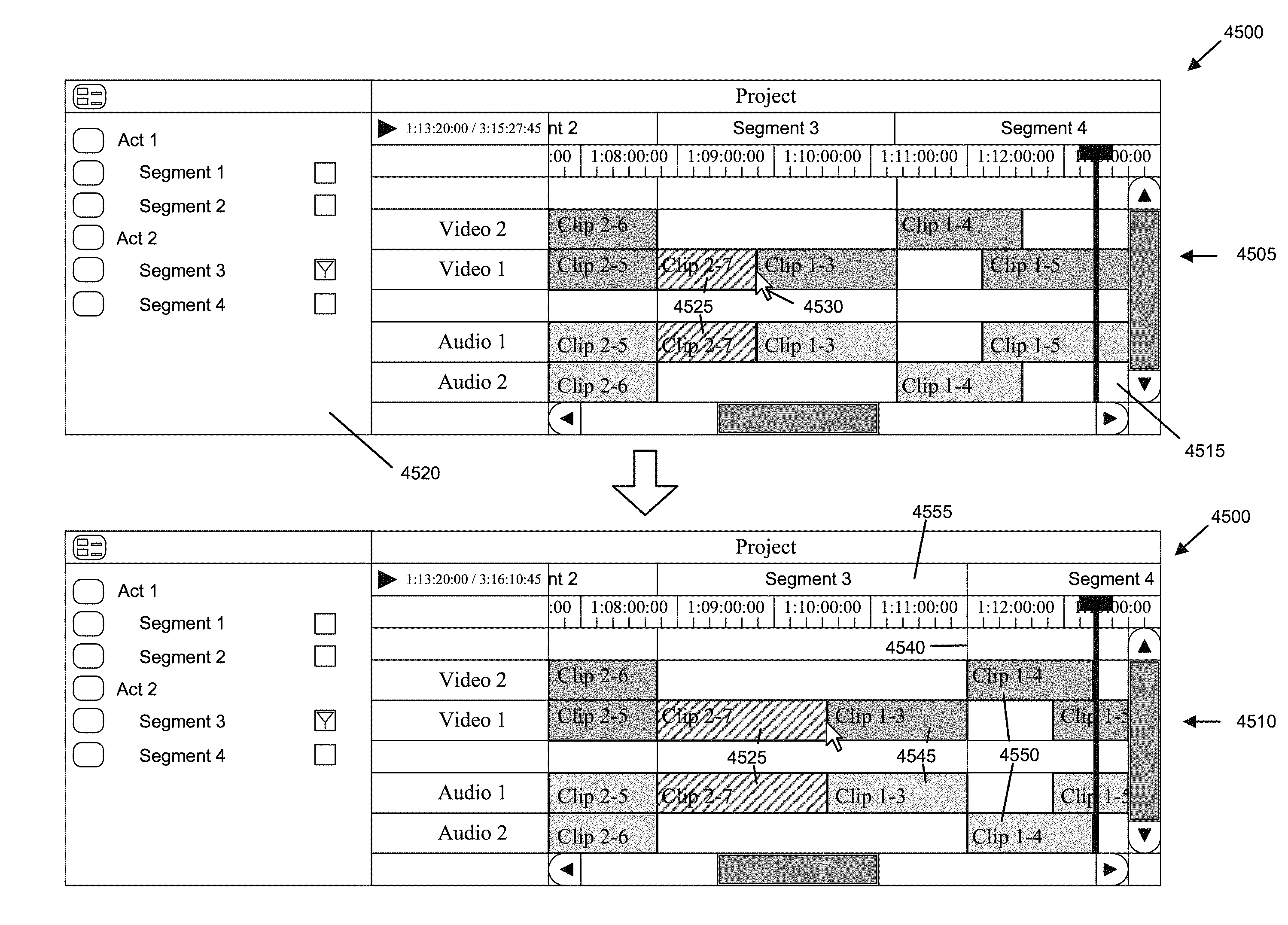 Media editing with a segmented timeline