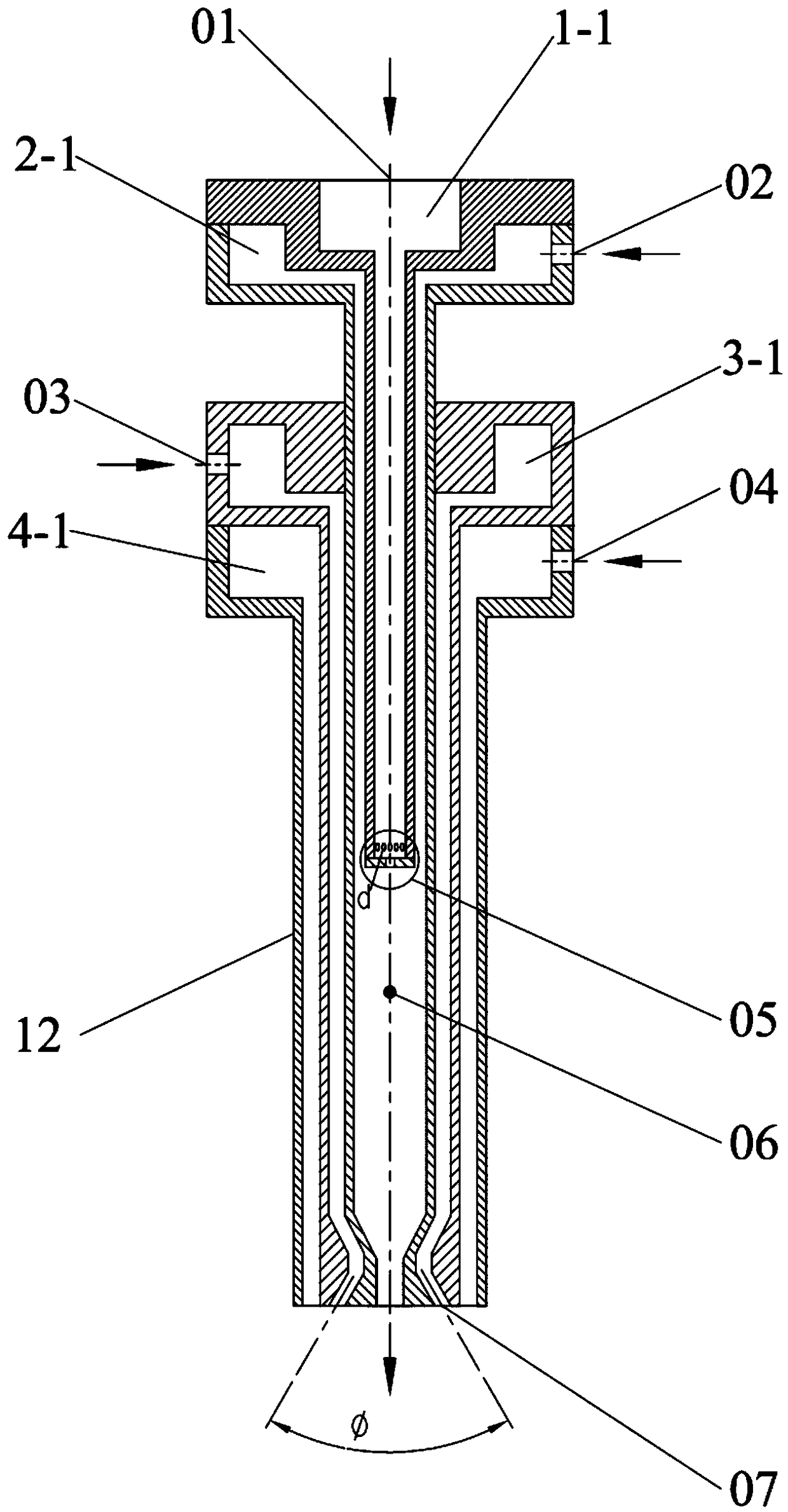 Gas-liquid mixing device for supercritical hydrothermal combustion reactor and application thereof