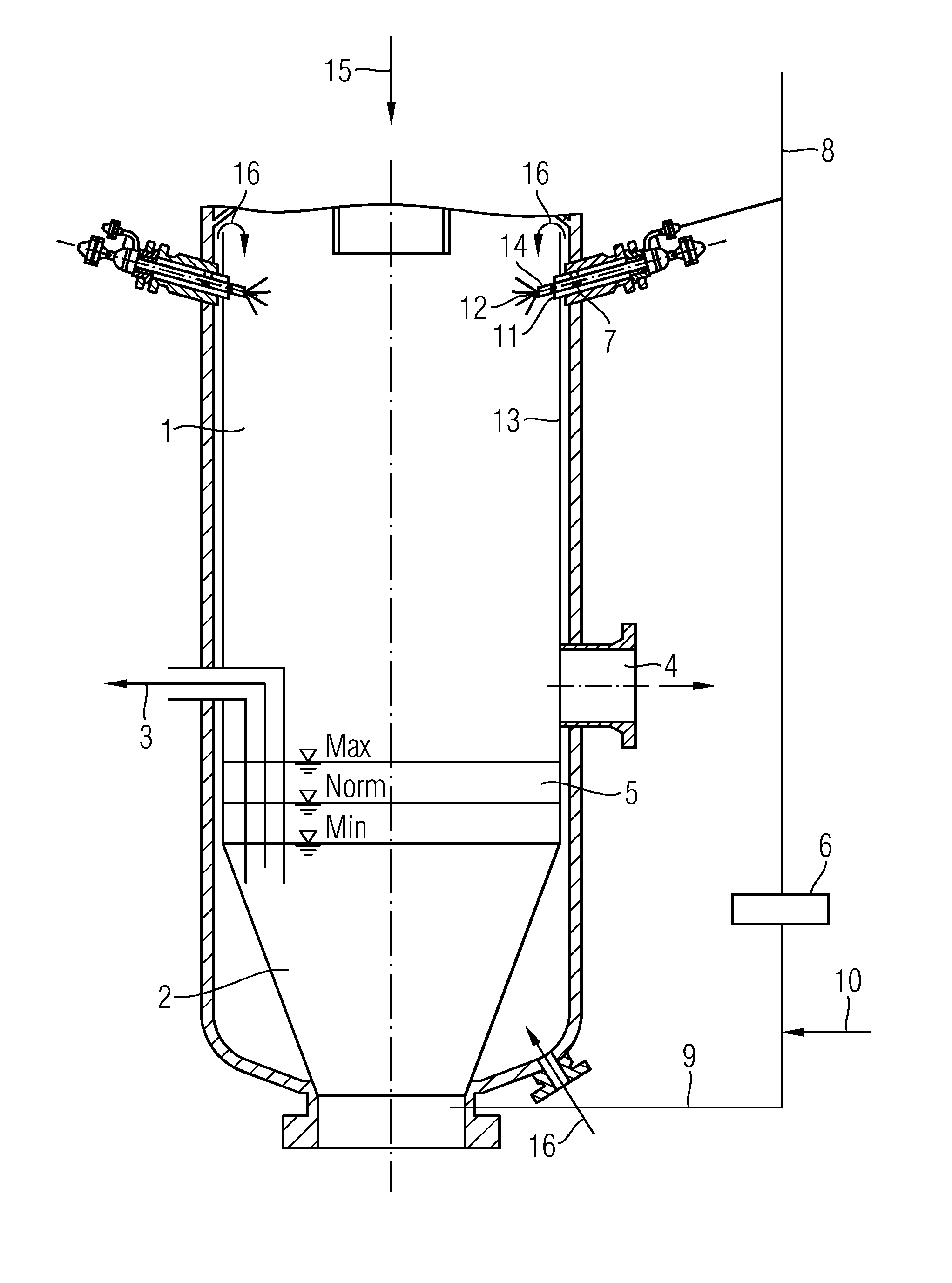 Device for reliable filling level control in a quenching chamber that is arranged downstream of entrained-flow gasification and has inert-gas flushing of the pressure-recording measuring location