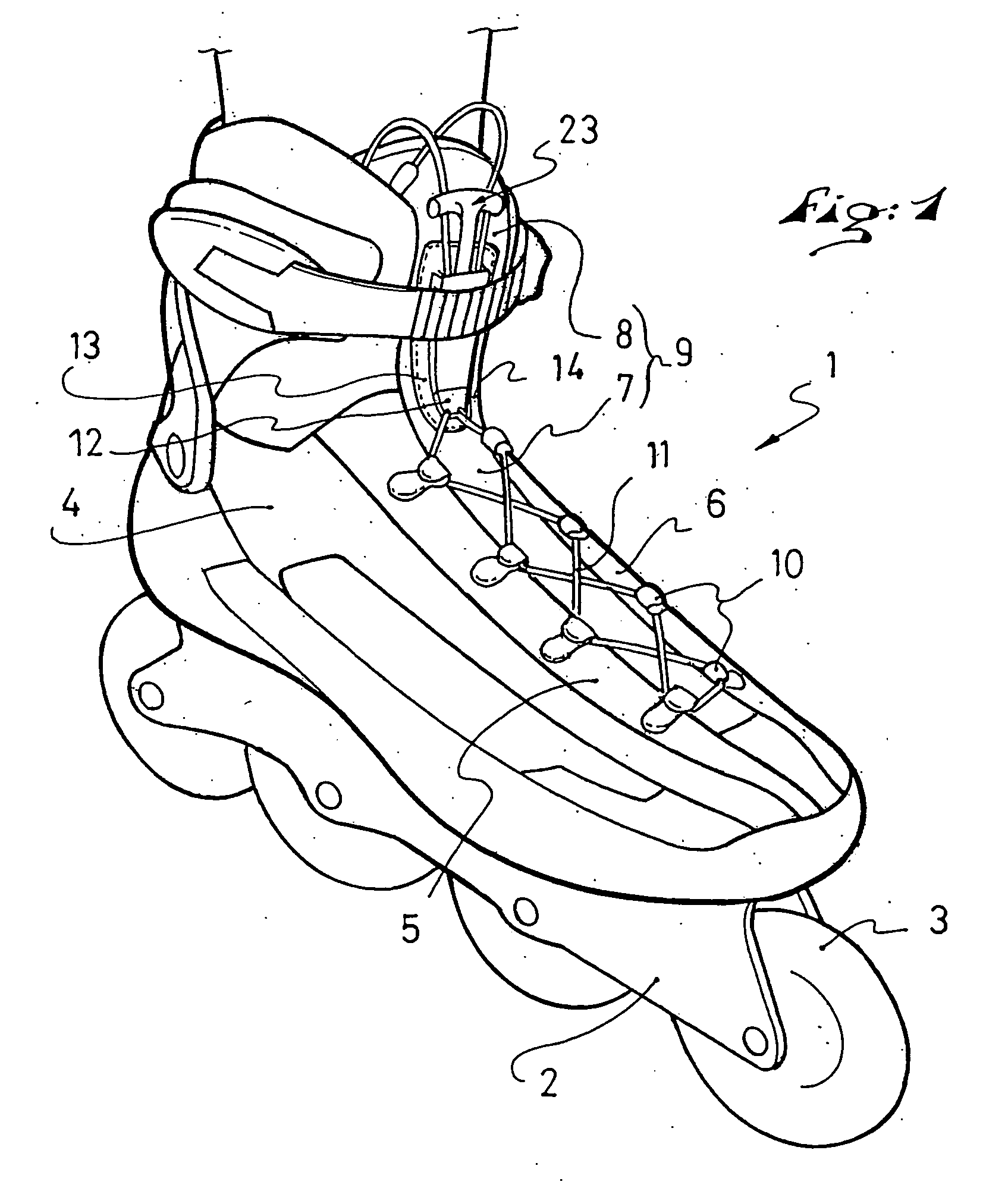 Lacing device for sports footwear