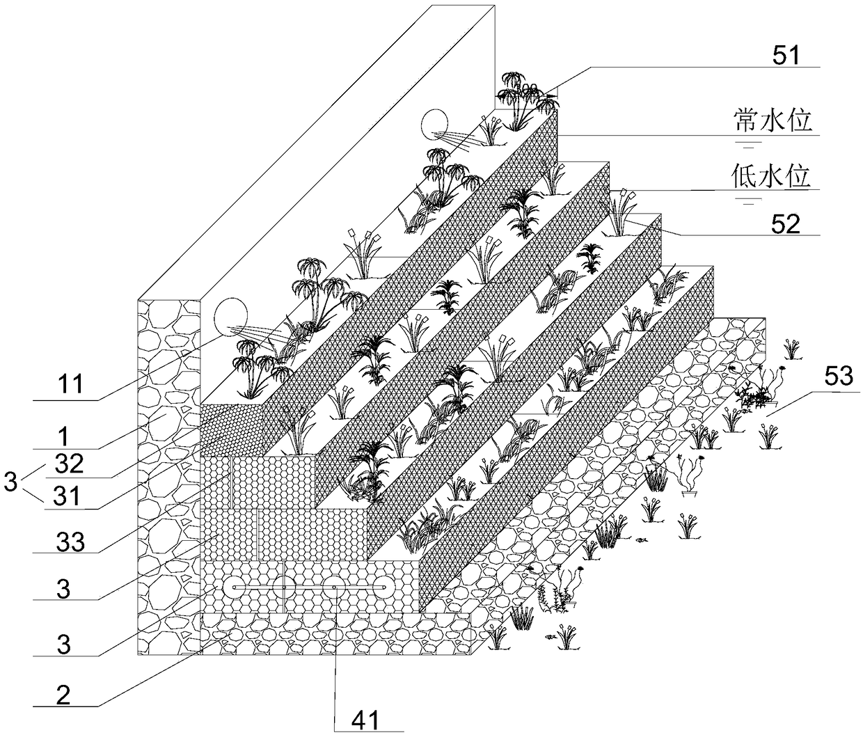 Ecological landscape revetment for river water quality control