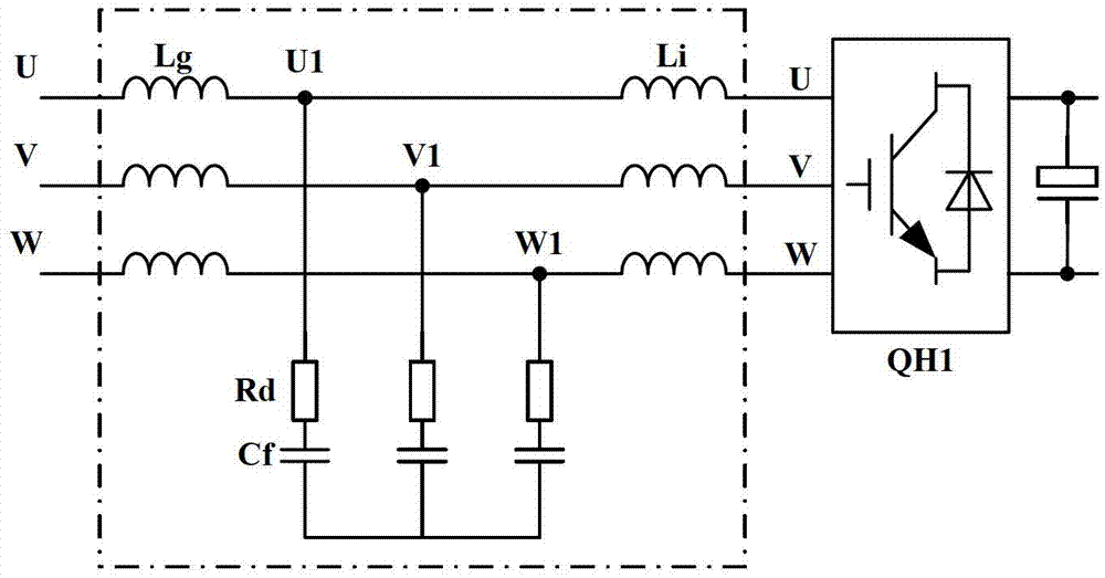 LCL (Less Container Load) filter with serially-connected splitting capacitor and damping resistor and design method of LCL filter